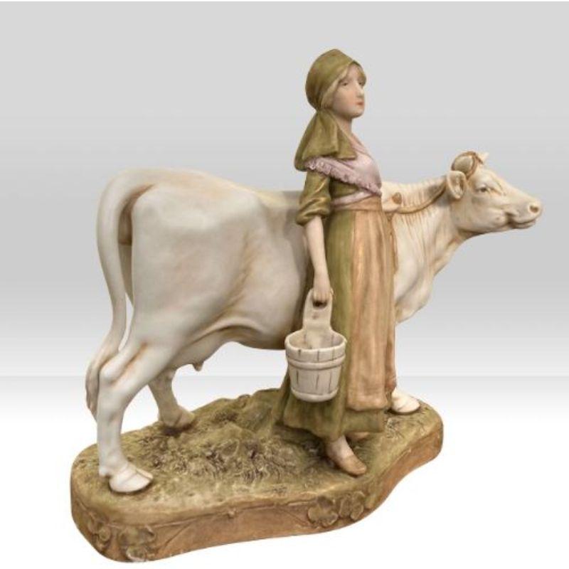 Edwardian Antique Royal Dux Figure Group of Cow and Milk Maid