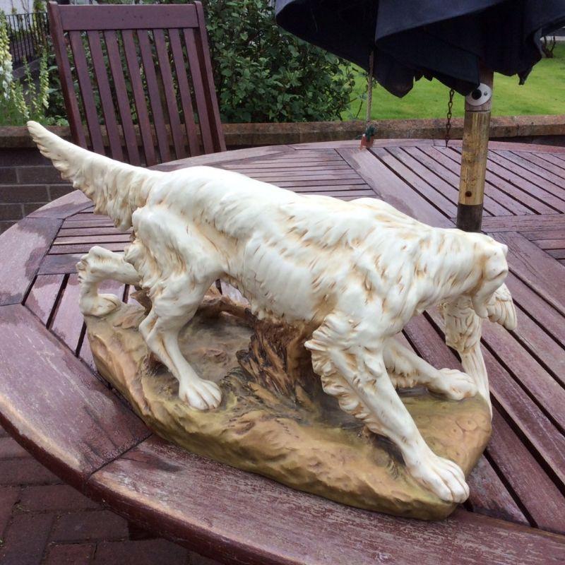 Superb antique Royal Dux large study of an English setter retriever

Pink triangle,
17 ins x 7 ins x 8 ins tall
Circa 1920

Declaration: This item is antique. The date of manufacture has been declared as Edwardian.

Dimensions:
Height =
