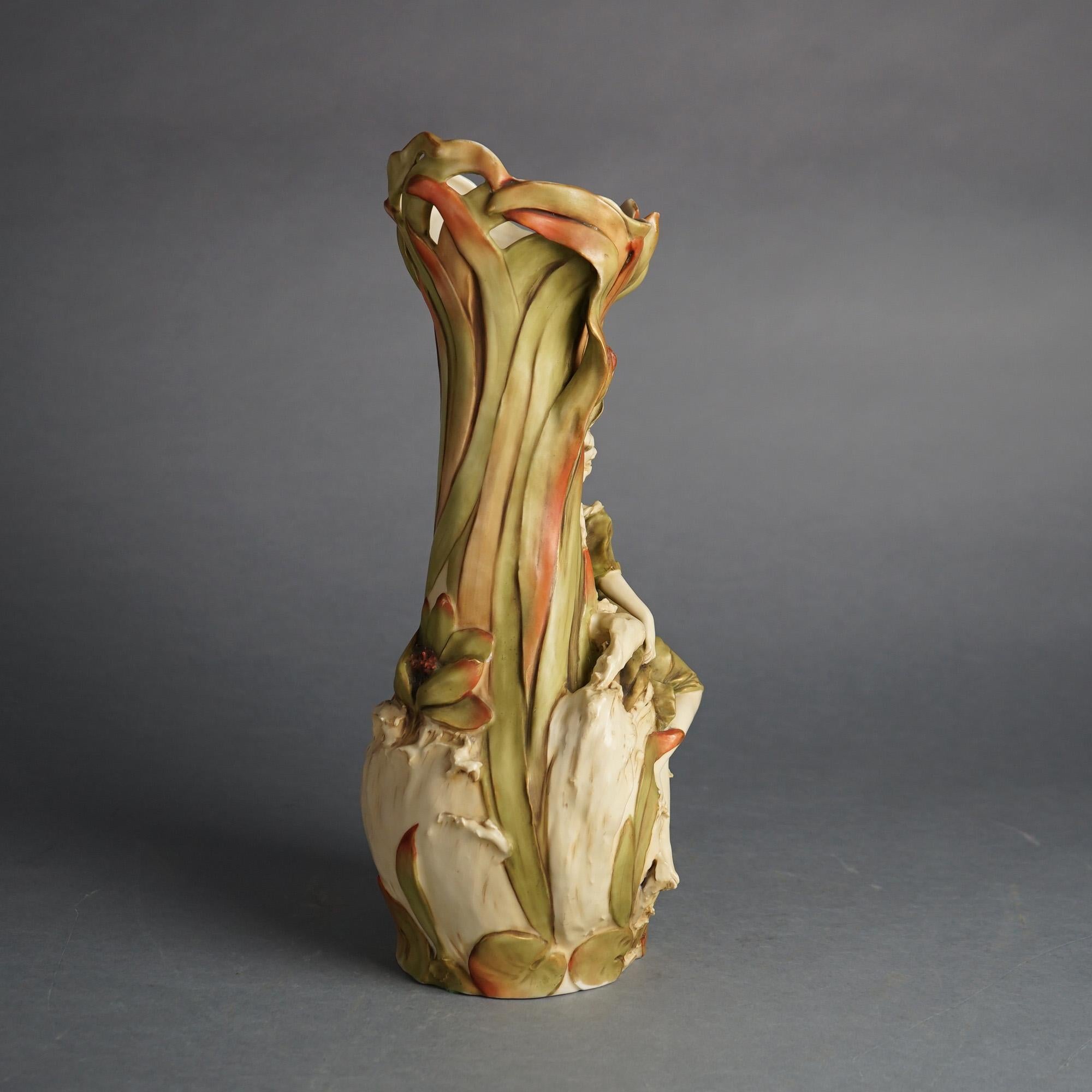 Antique Royal Dux Porcelain Bohemian Water Lily Nymph Vase C1900 4
