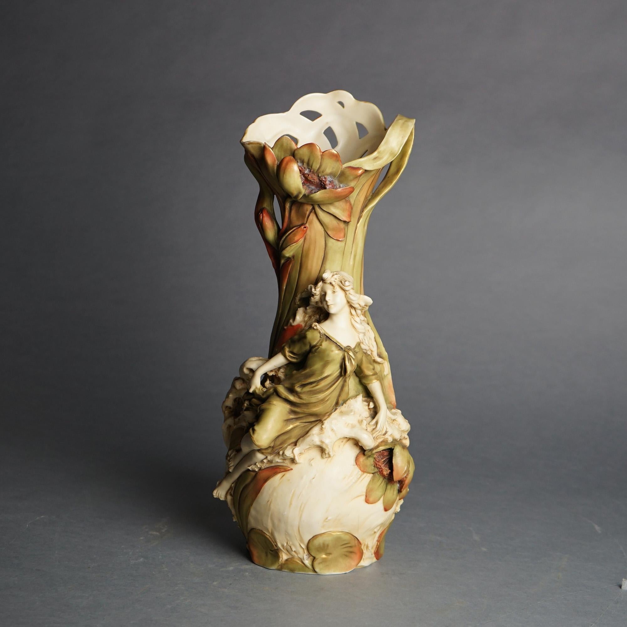 Art Nouveau Antique Royal Dux Porcelain Bohemian Water Lily Nymph Vase C1900