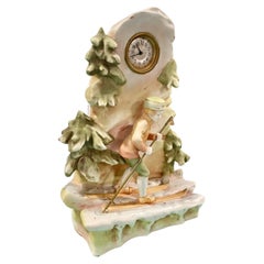 Antique Royal Dux Porcelain Figure Of An Alpine Mountain Skier Figure Clock