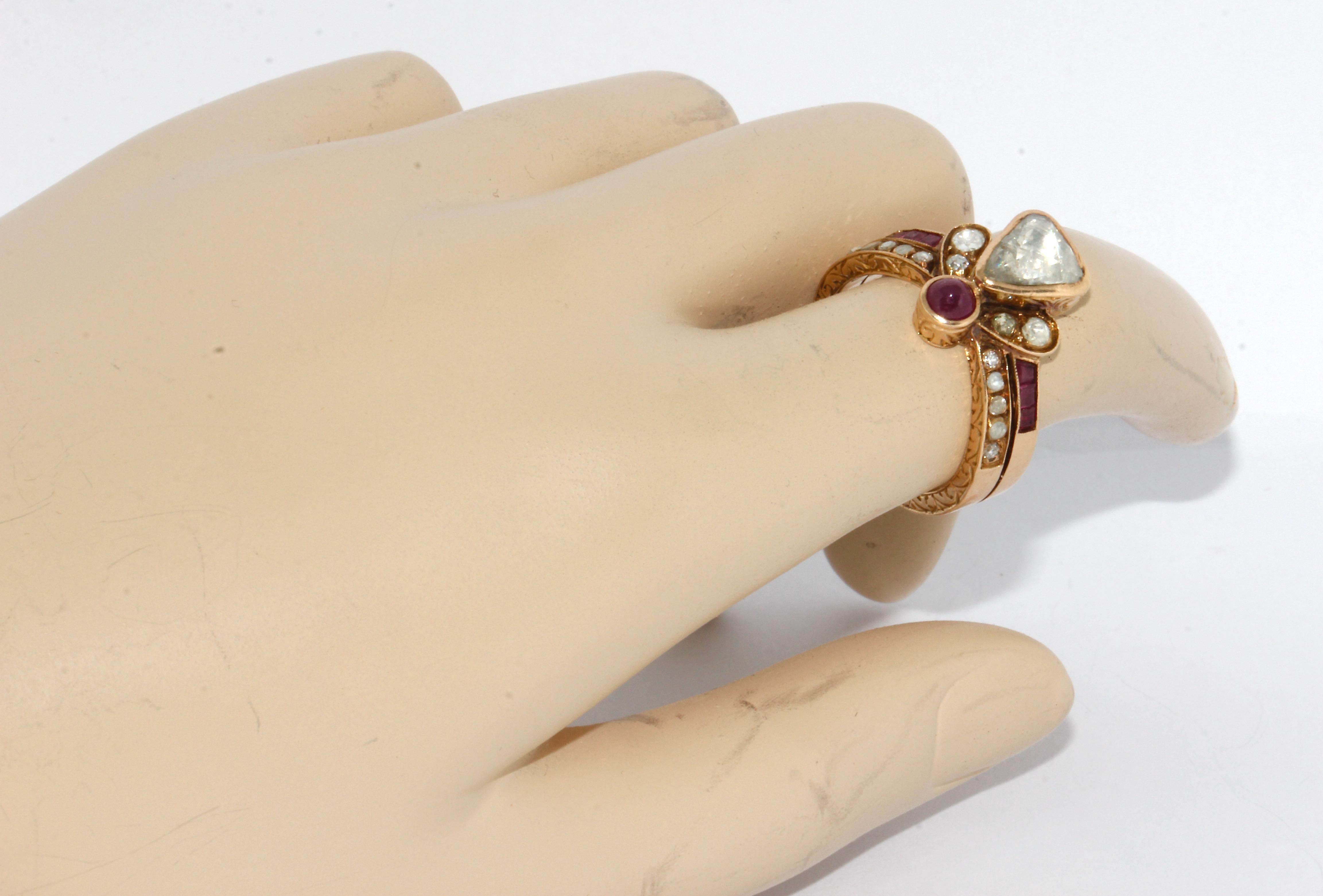 Antique, Royal Gold Ring with Rose Cut Trillion Diamond, Rubies and Ornaments For Sale 1