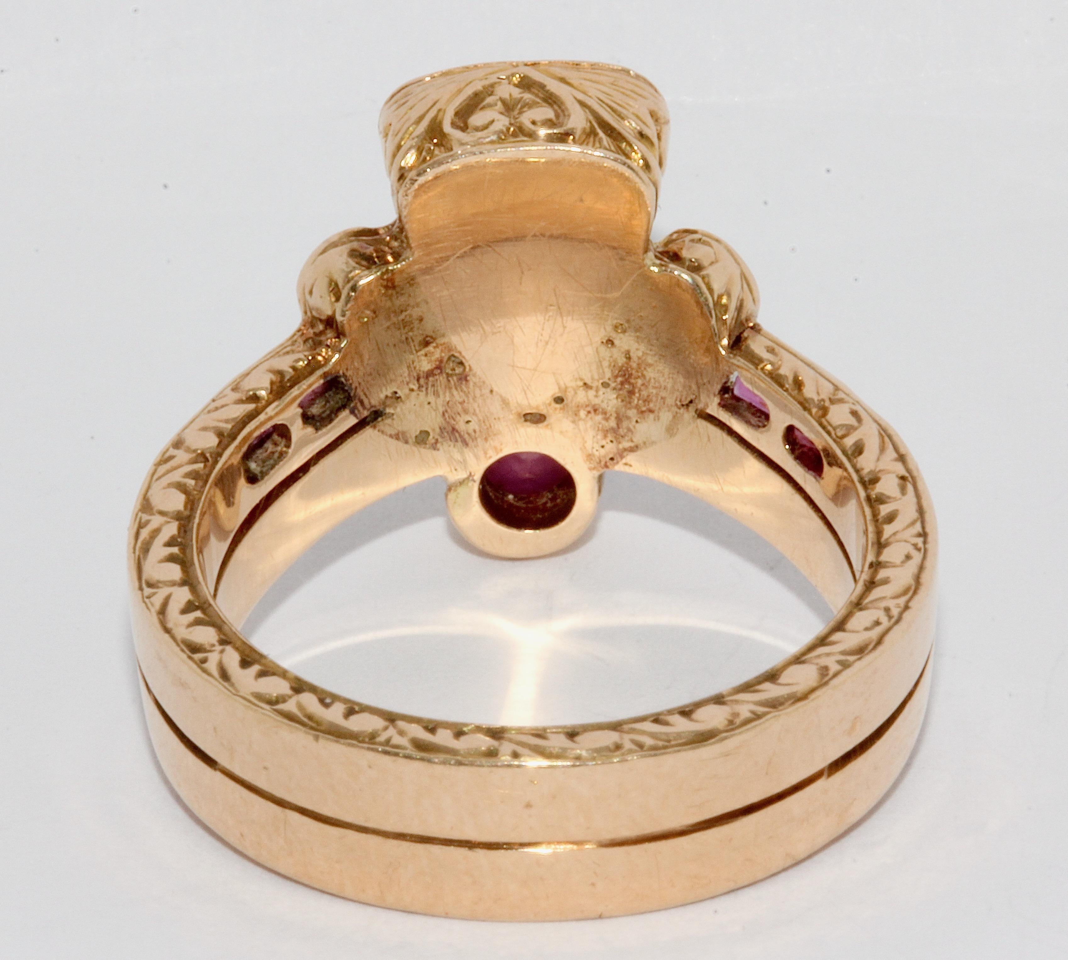 Victorian Antique, Royal Gold Ring with Rose Cut Trillion Diamond, Rubies and Ornaments For Sale