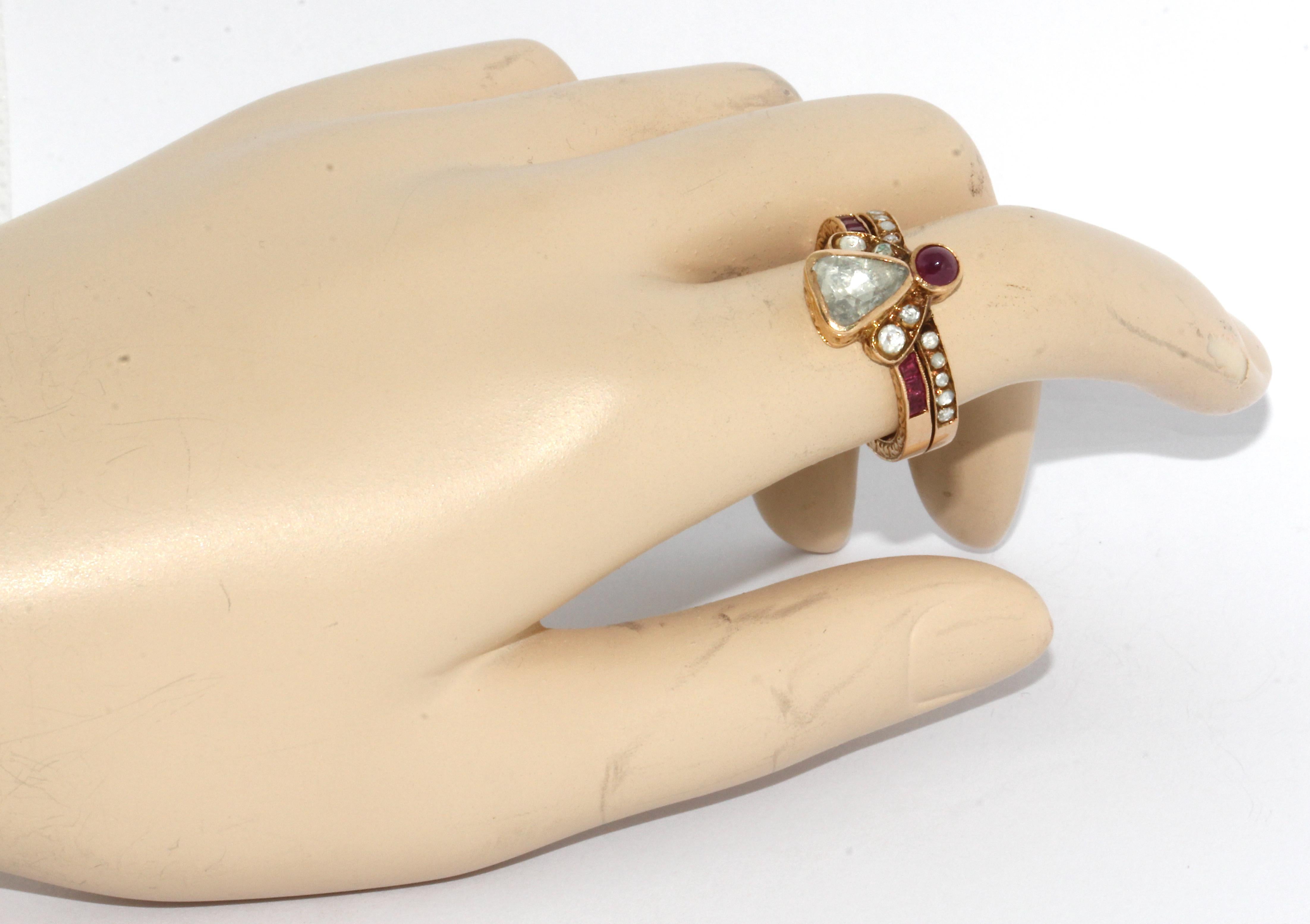 Trillion Cut Antique, Royal Gold Ring with Rose Cut Trillion Diamond, Rubies and Ornaments For Sale