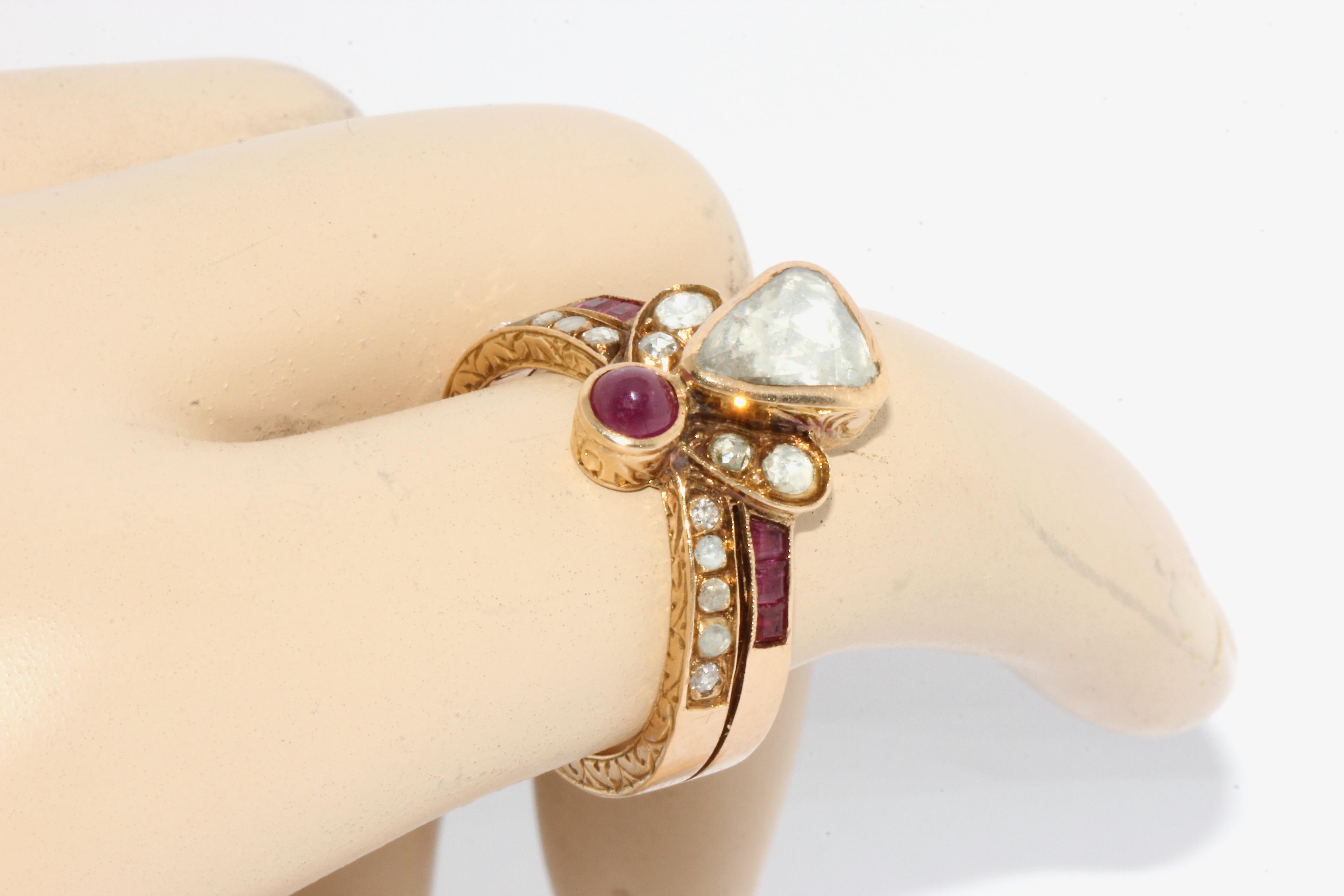 Women's Antique, Royal Gold Ring with Rose Cut Trillion Diamond, Rubies and Ornaments For Sale