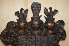 ANTIQUE ROYAL HAND CARVED ENGLISH OAK ARMORIAL COAT OF ARMS CROWNS EAGLEs
