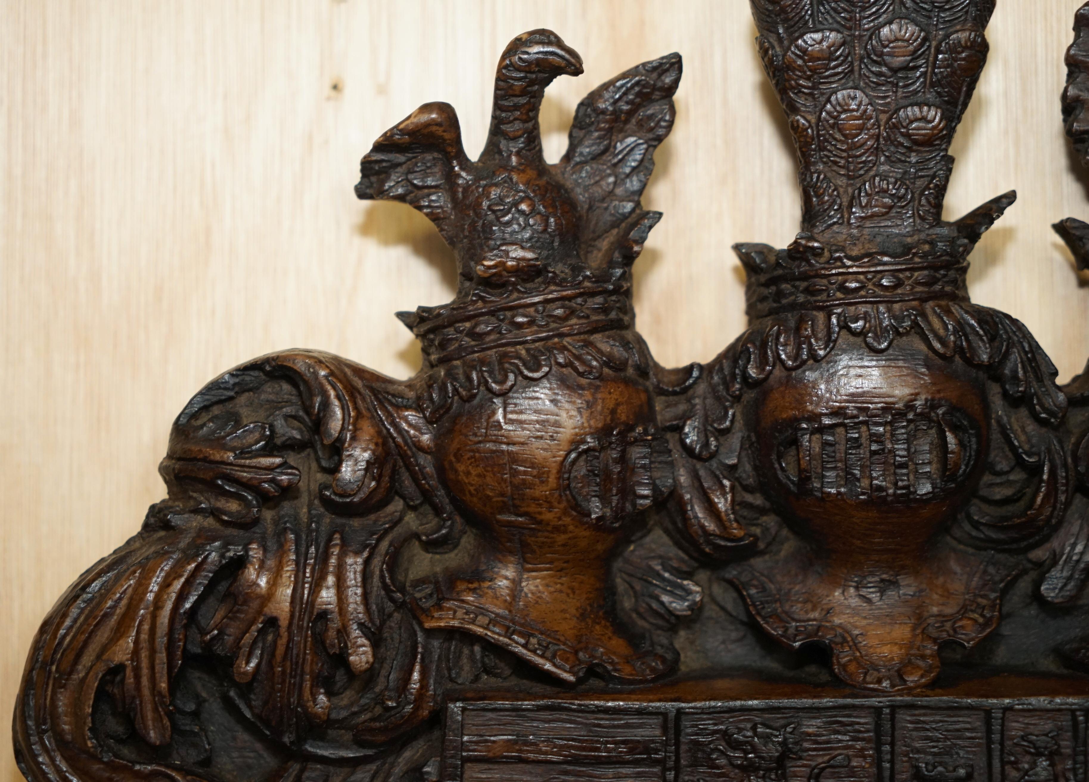 Carved ANTIQUE ROYAL HAND CARVED ENGLISH OAK ARMORIAL COAT OF ARMS CROWNS EAGLEs For Sale