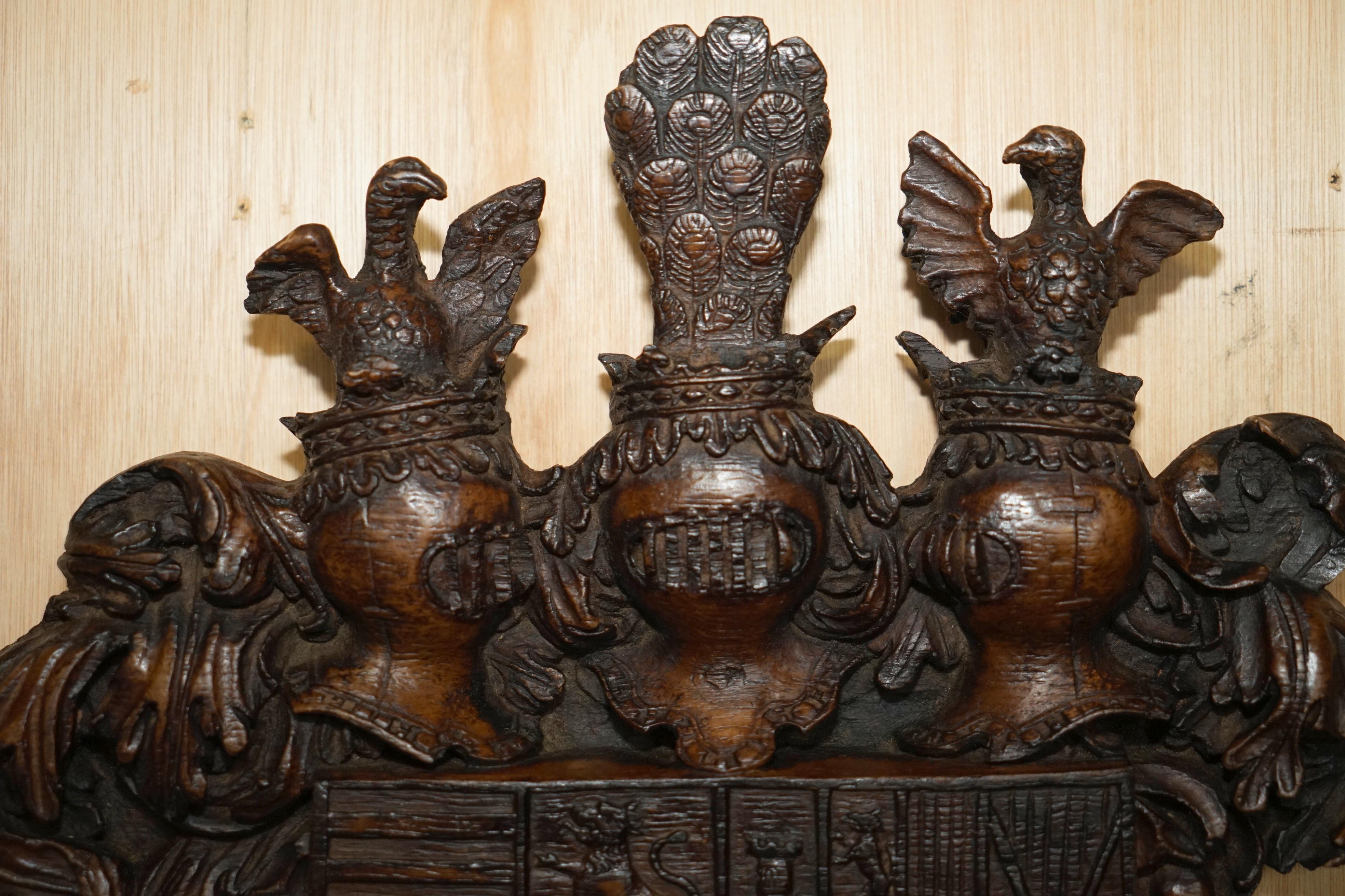 19th Century ANTIQUE ROYAL HAND CARVED ENGLISH OAK ARMORIAL COAT OF ARMS CROWNS EAGLEs For Sale