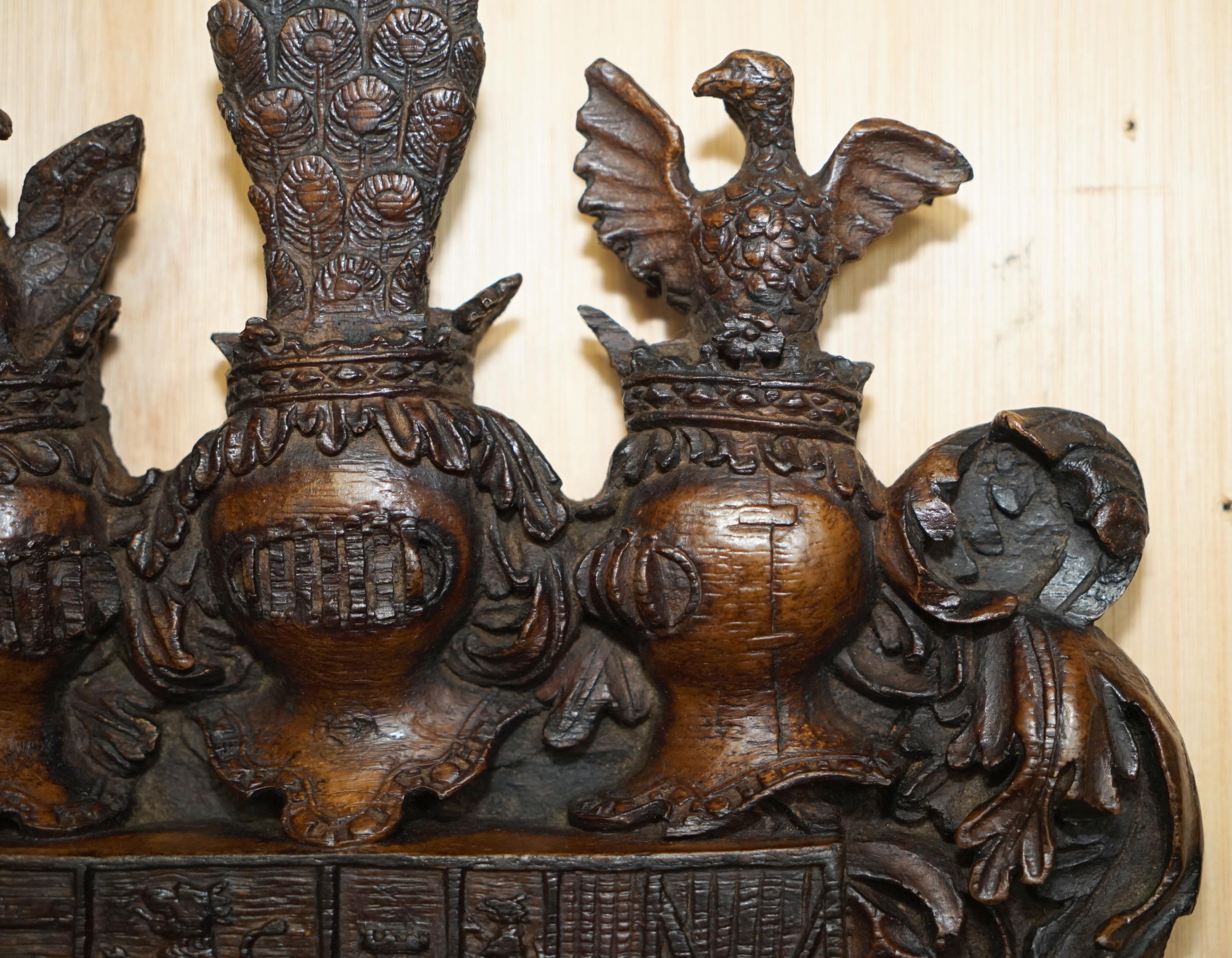 Oak ANTIQUE ROYAL HAND CARVED ENGLISH OAK ARMORIAL COAT OF ARMS CROWNS EAGLEs For Sale