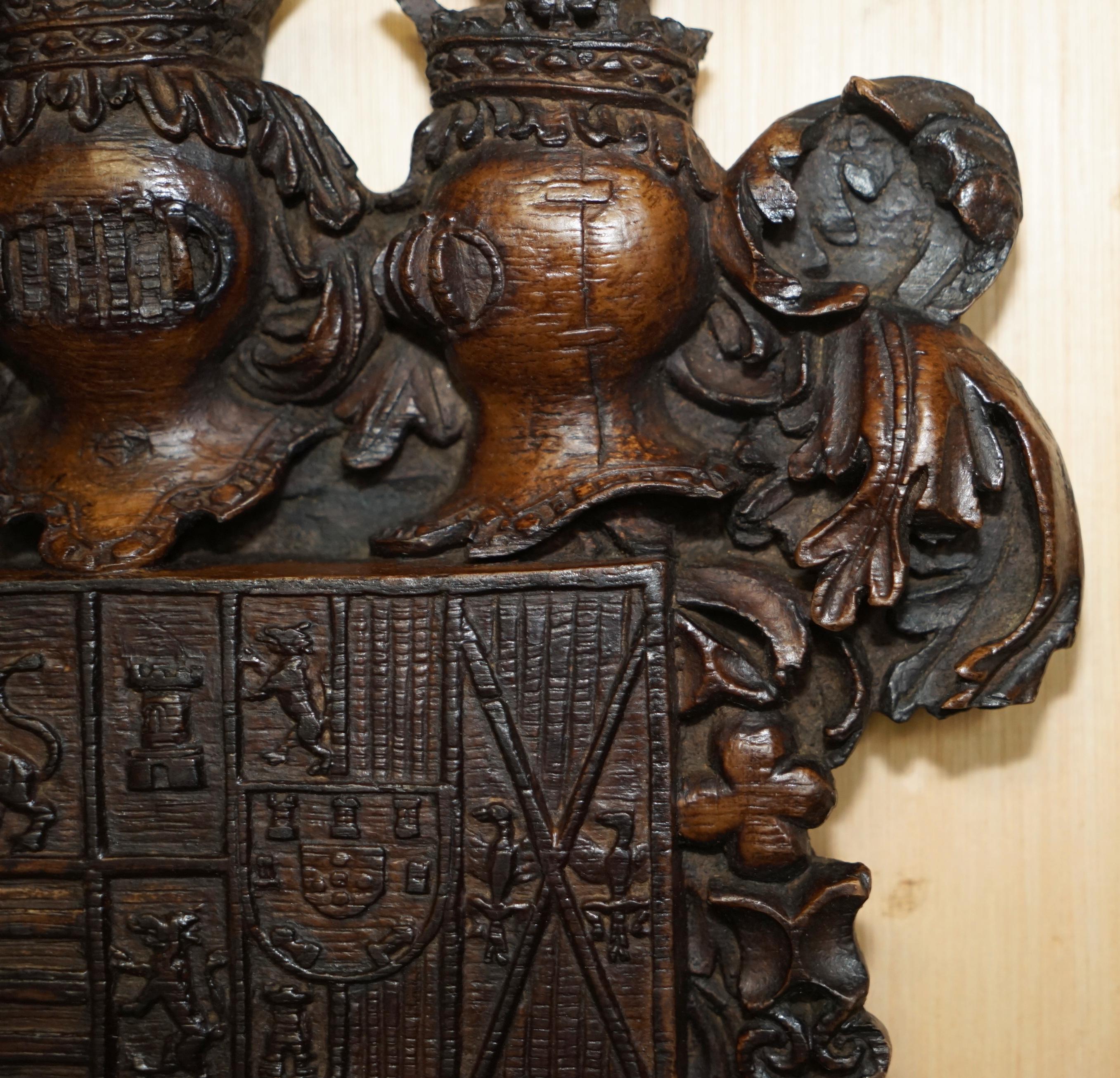 ANTIQUE ROYAL HAND CARVED ENGLISH OAK ARMORIAL COAT OF ARMS CROWNS EAGLEs For Sale 1