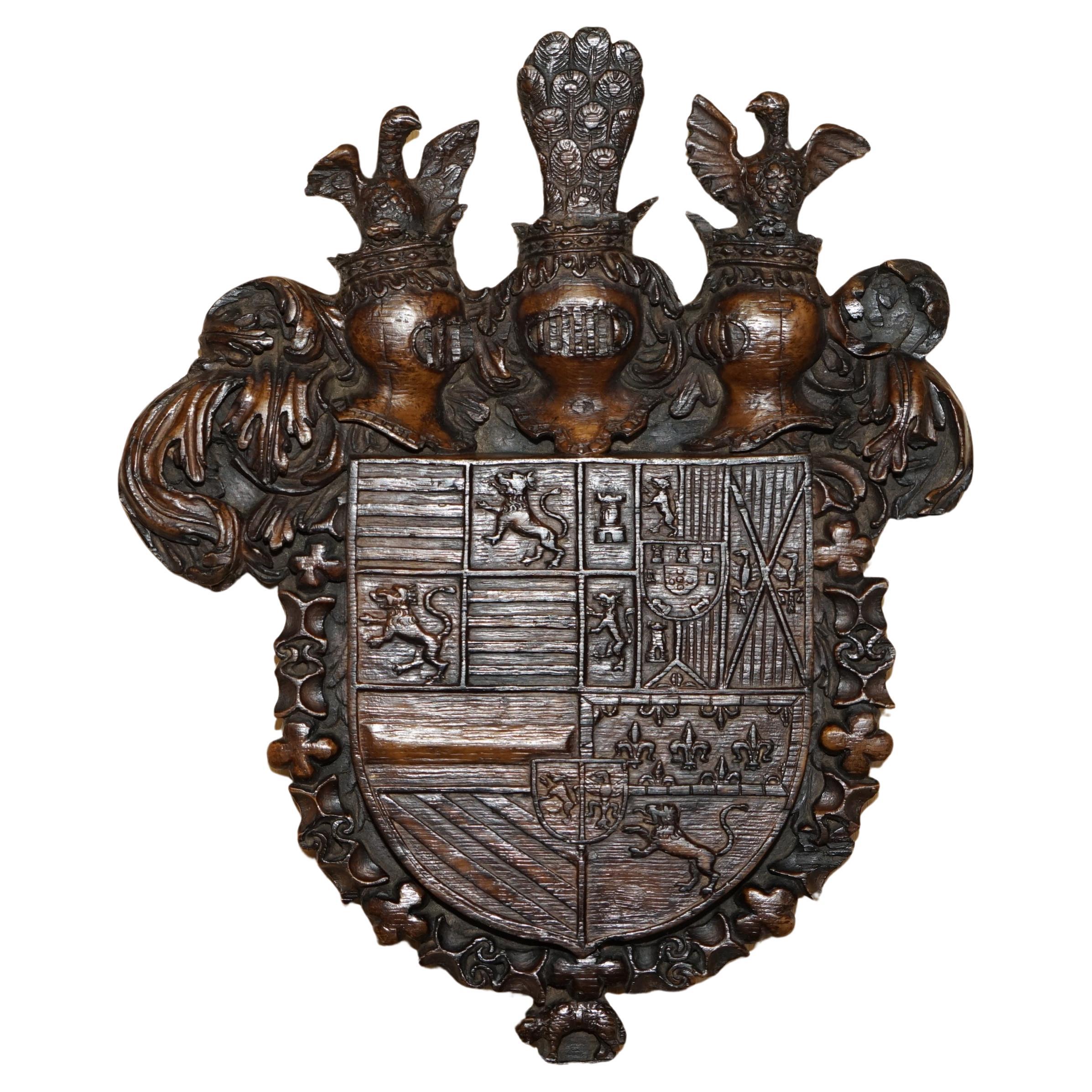 ANTIQUE ROYAL HAND CARVED ENGLISH OAK ARMORIAL COAT OF ARMS CROWNS EAGLEs For Sale