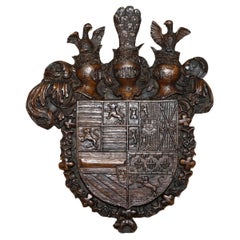 ANTIQUE ROYAL HAND CARVED ENGLISH OAK ARMORIAL COAT OF ARMS CROWNS EAGLEs