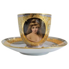 Antique Royal KPM Hand Painted Portrait Tea Cup & Saucer with Heavy Gilt Accents