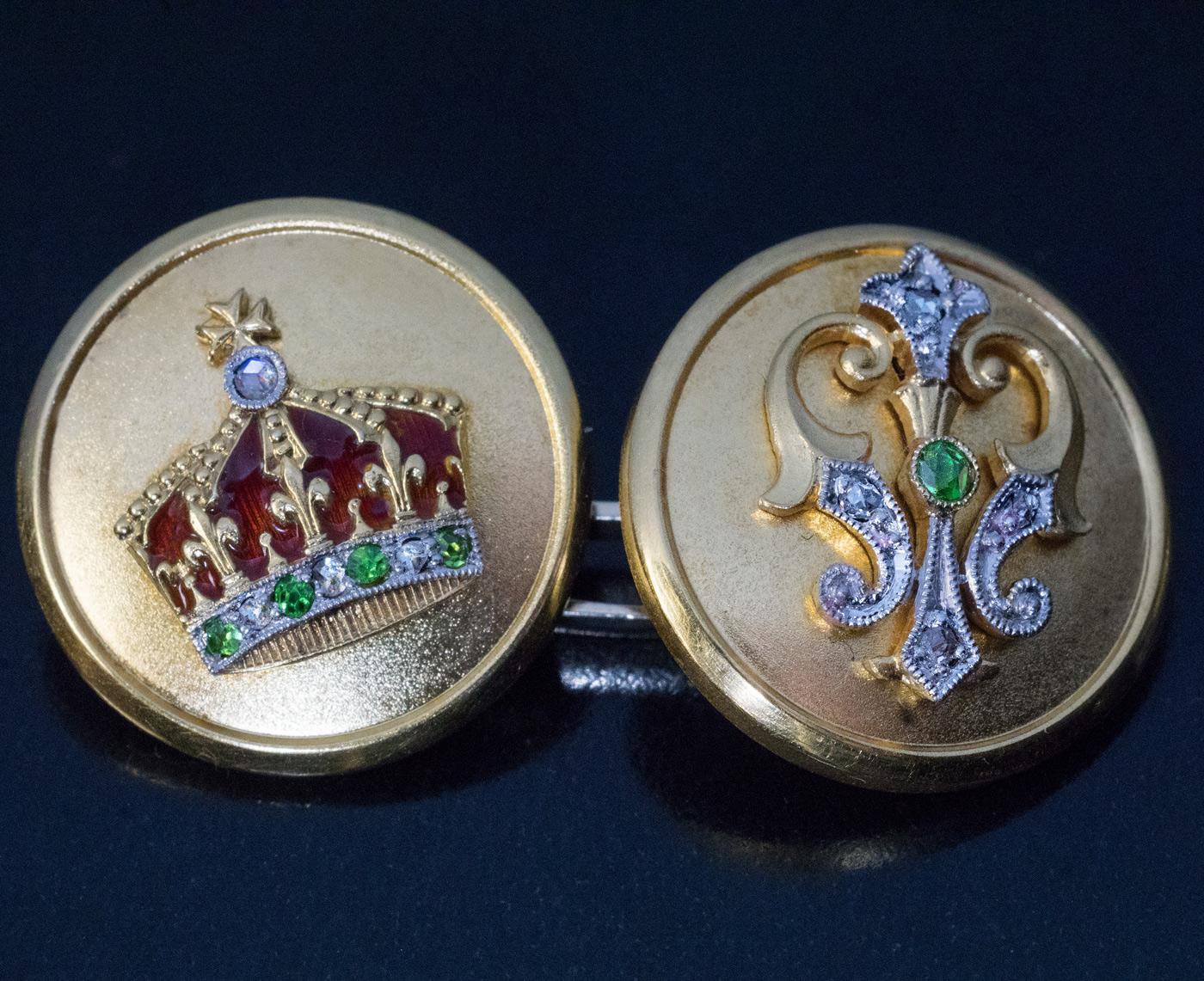 Antike Manschettenknöpfe, Royal Presentation, Gold Platin Emaille Demantoid Diamant (Art nouveau) im Angebot