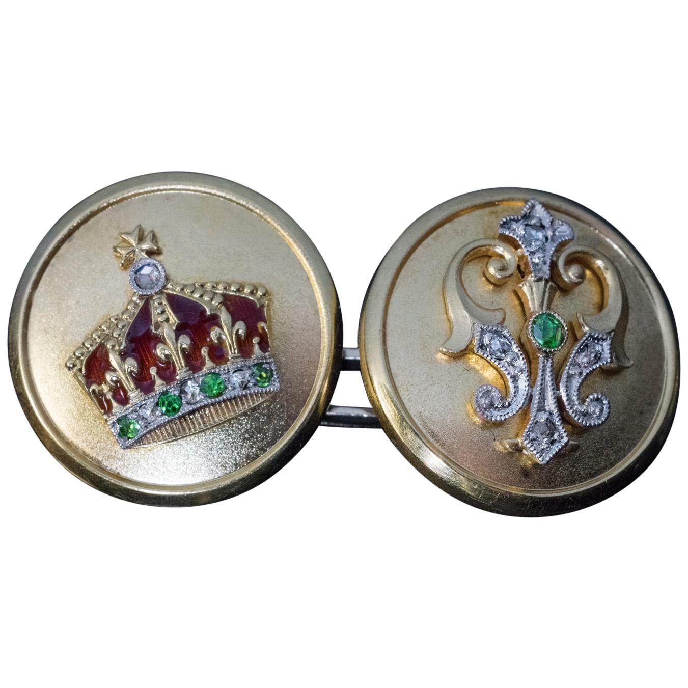 Antike Manschettenknöpfe, Royal Presentation, Gold Platin Emaille Demantoid Diamant