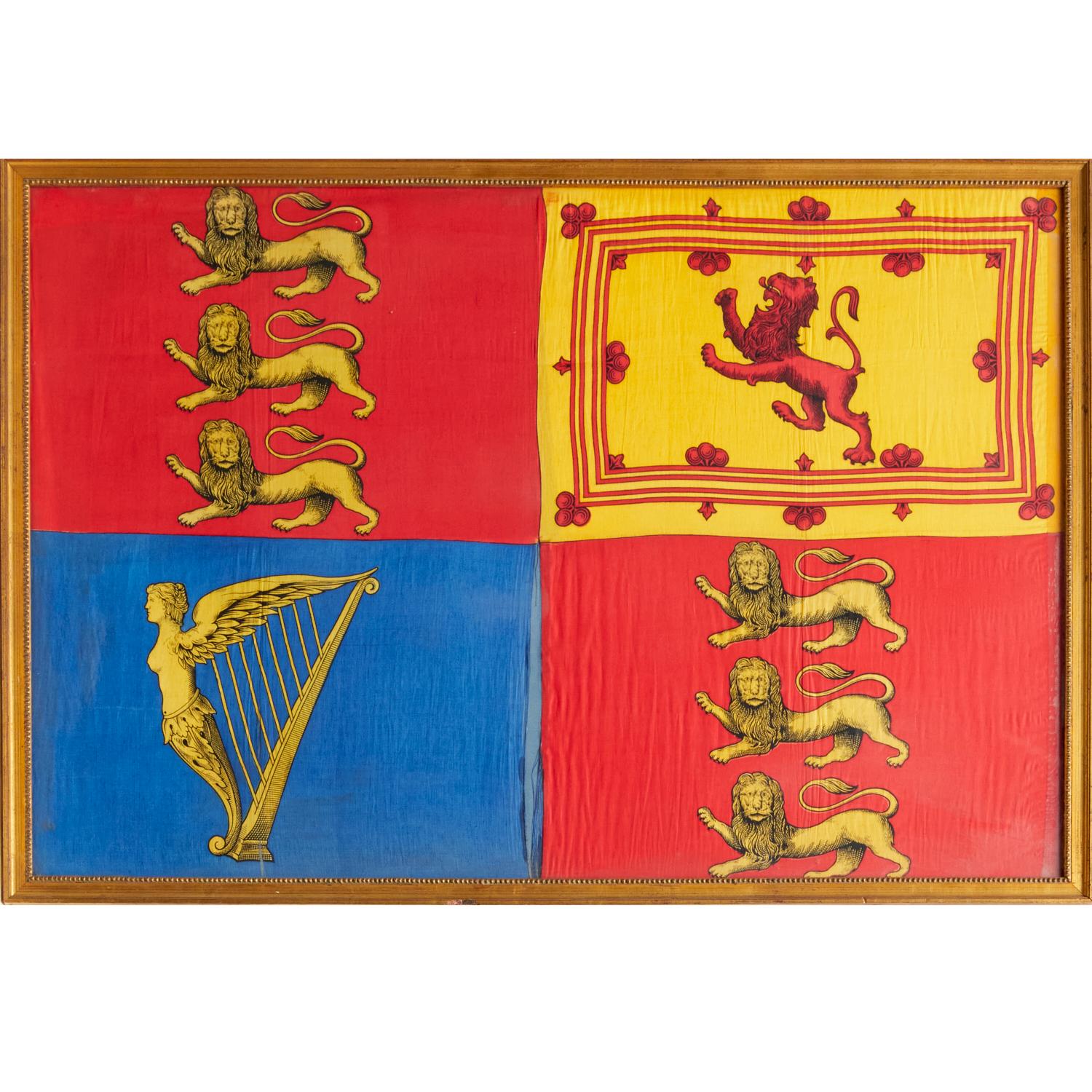 Antique Royal Standard of the United Kingdom in Giltwood Frame and Under Glass For Sale 3