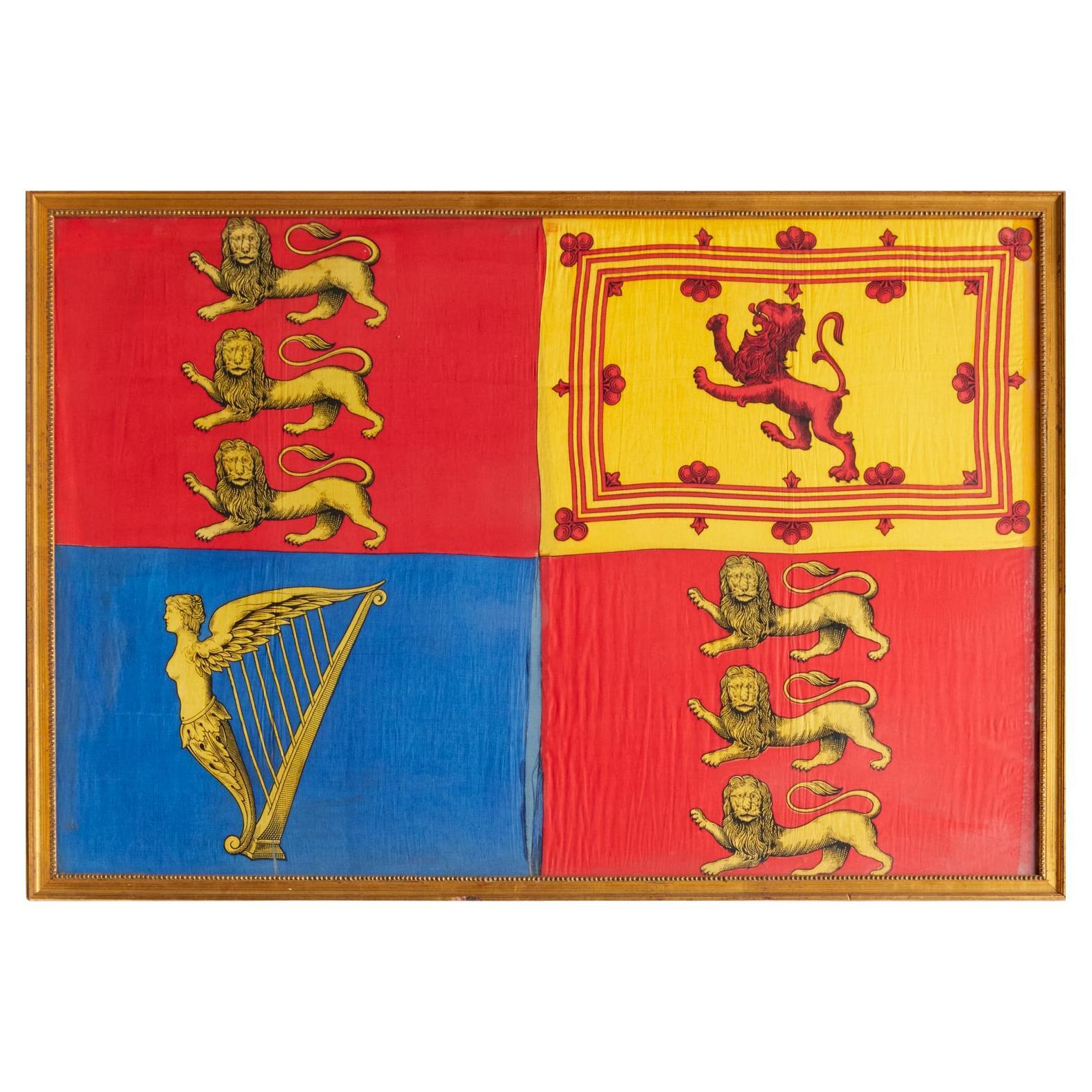 Antique Royal Standard of the United Kingdom in Giltwood Frame and Under Glass For Sale