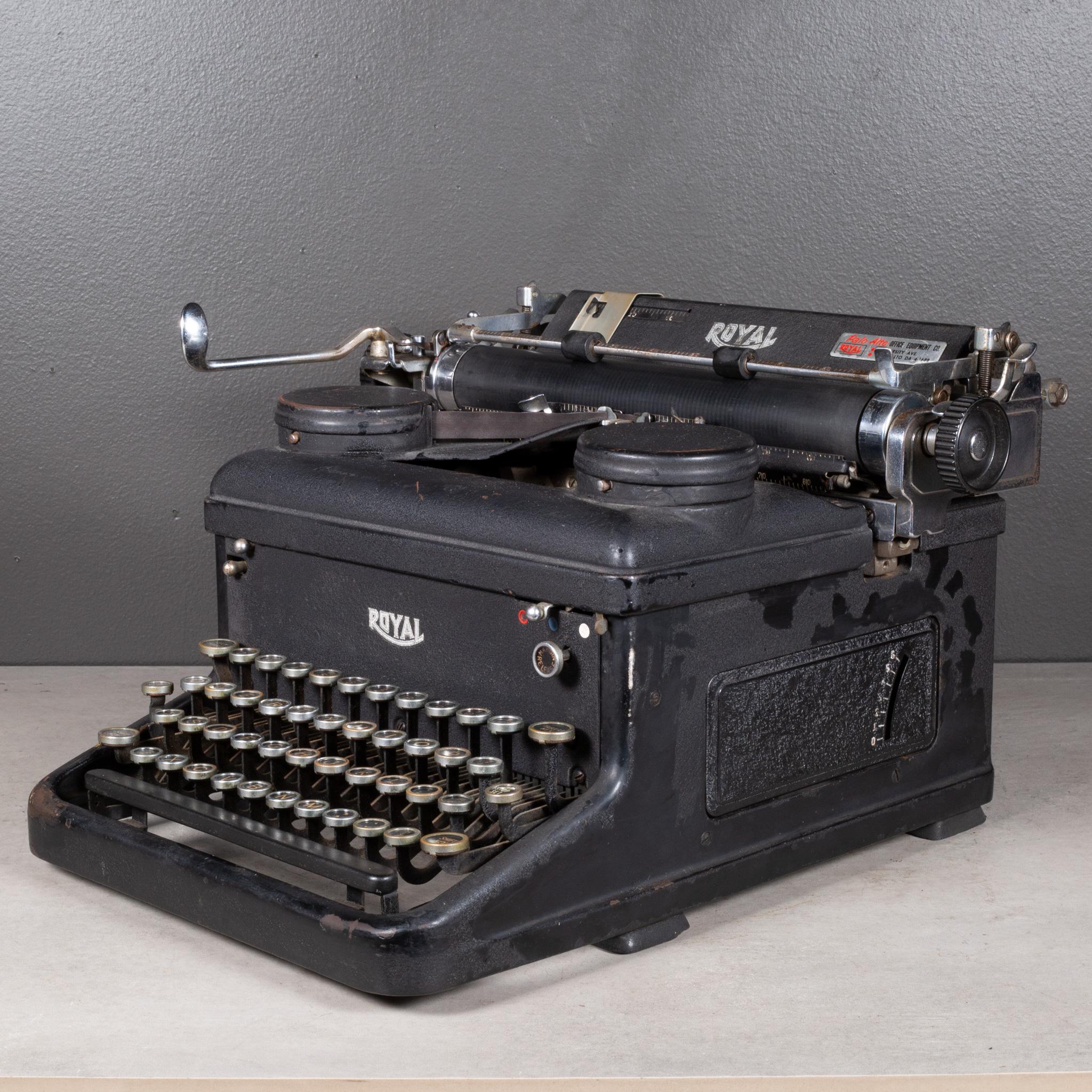 ABOUT

An antique Royal typewriter with black crinkle finish. Lift up lid with gull wings. The keys are glass with black and gold letters. This typewriter has smooth typing, the carriage and space bar function well and the ribbon is still fairly
