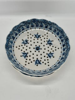 Antique Royal Tichelaar Makkum Delft Faience Fruit Strainer Blue & White 2Pc.