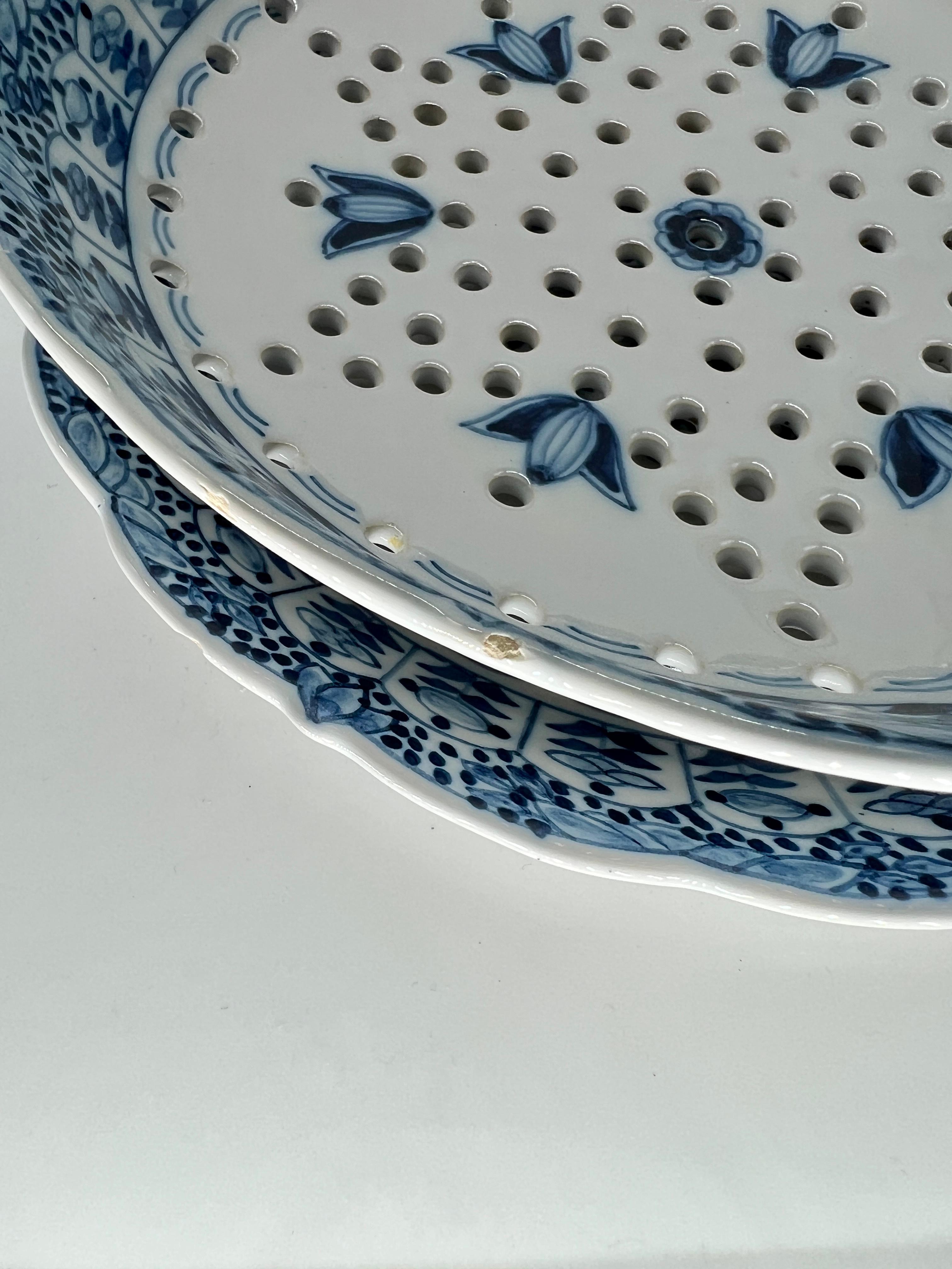 Ceramic Antique Royal Tichelaar Makkum Delft Faience Fruit Strainer Blue & White 2Pc. For Sale