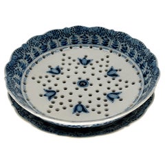 Antique Royal Tichelaar Makkum Delft Faience Fruit Strainer Blue & White 2Pc.