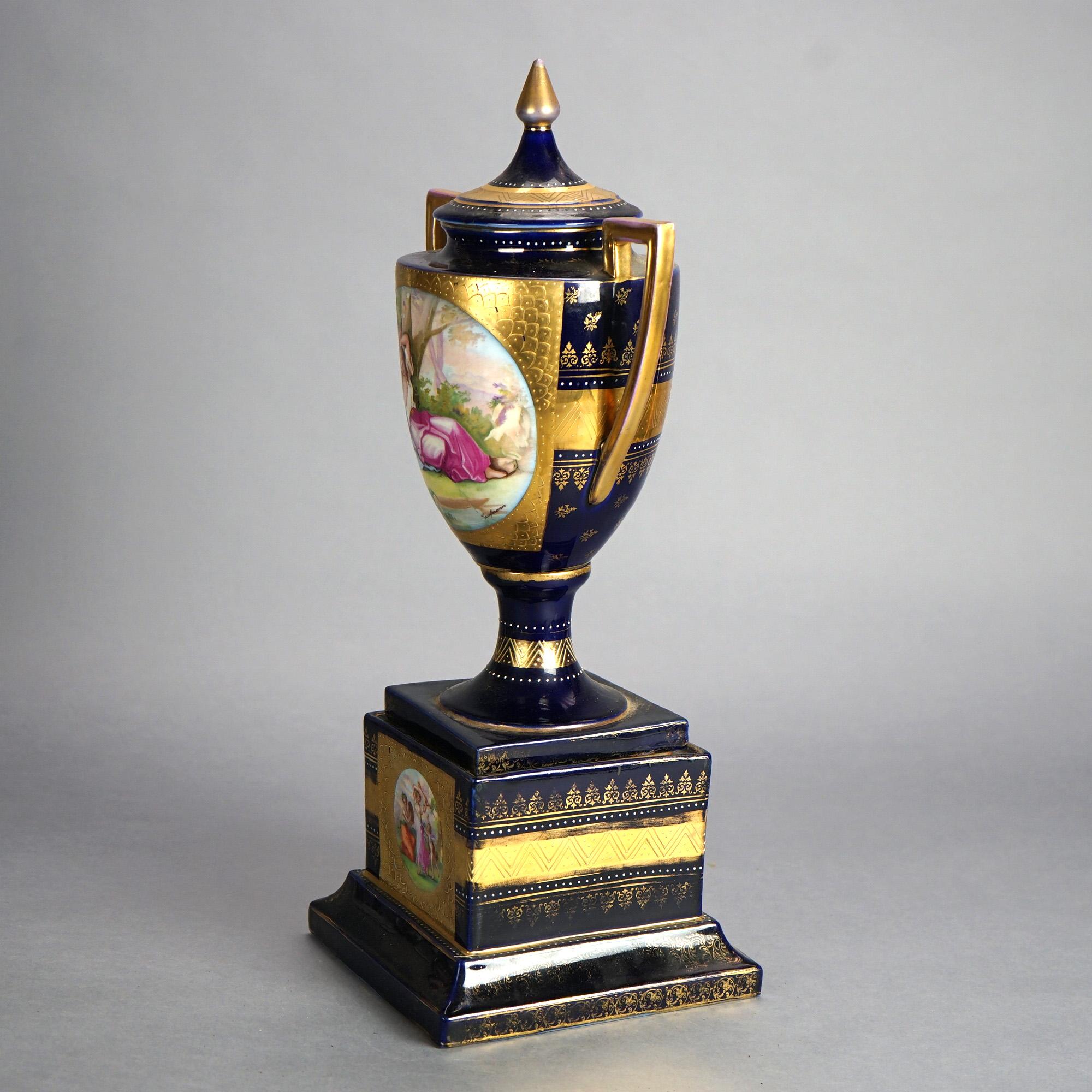 European Antique Royal Vienna Cobalt & Gilt Porcelain Urn & Ped with Courting Scene C1890 For Sale