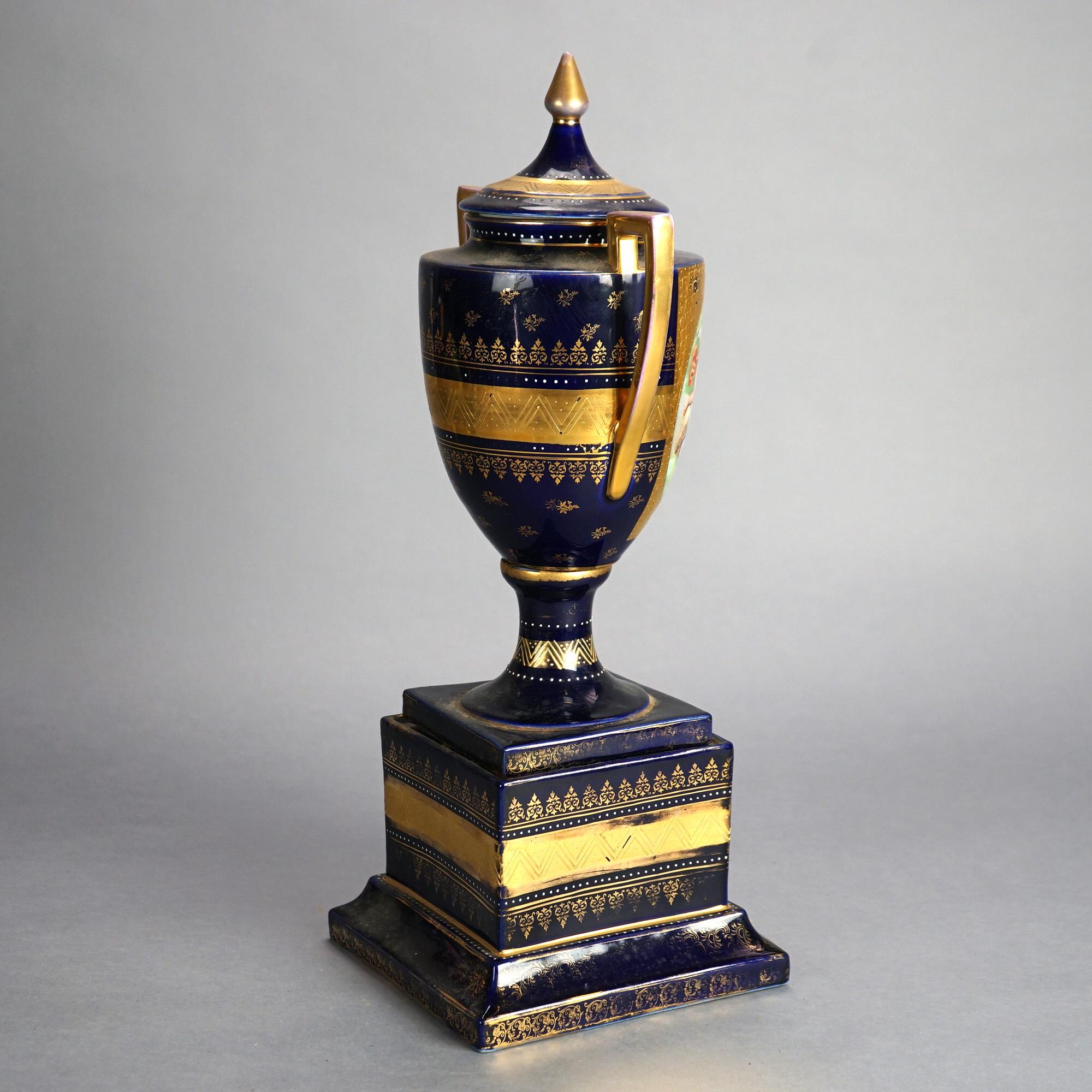 19th Century Antique Royal Vienna Cobalt & Gilt Porcelain Urn & Ped with Courting Scene C1890