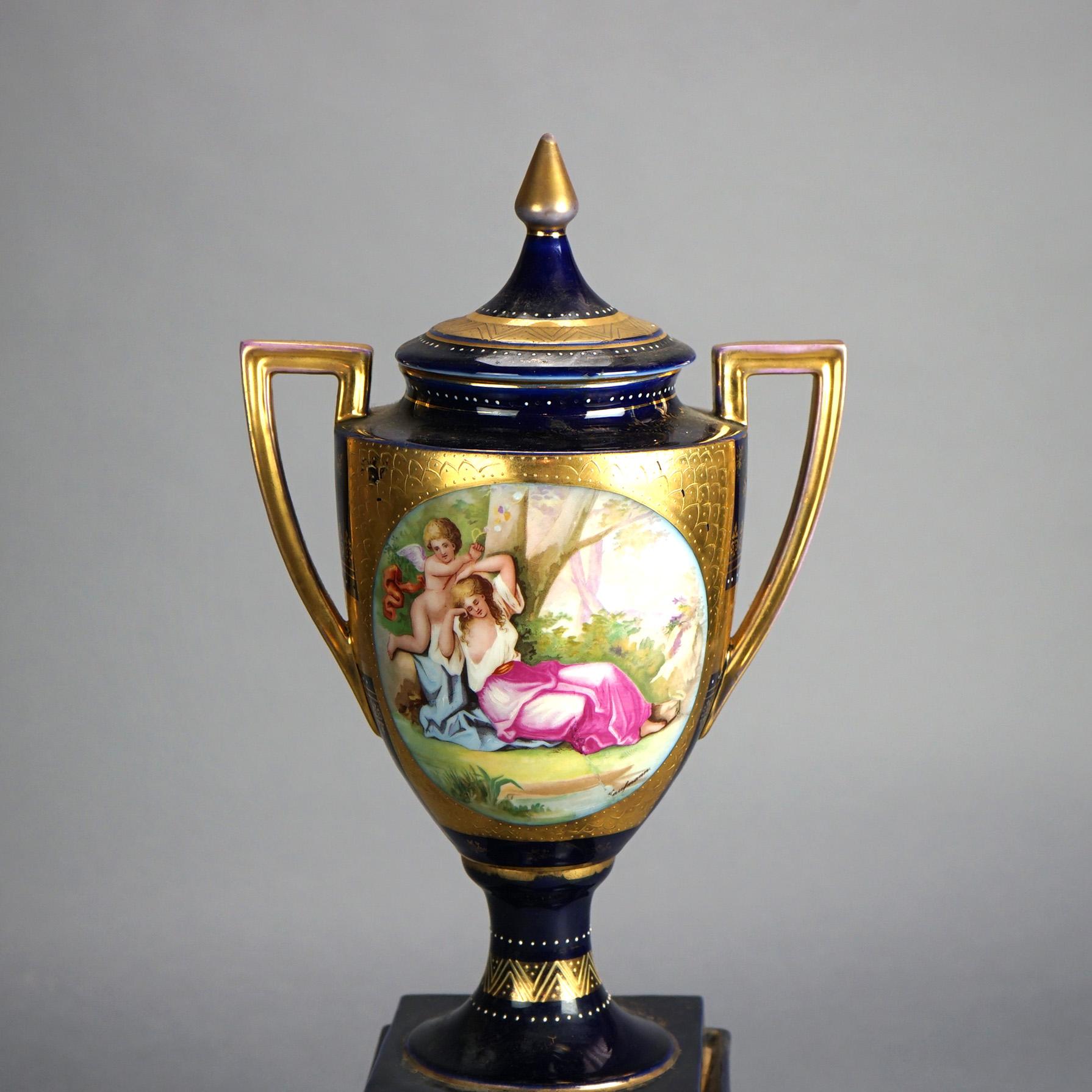 Antique Royal Vienna Cobalt & Gilt Porcelain Urn & Ped with Courting Scene C1890 1