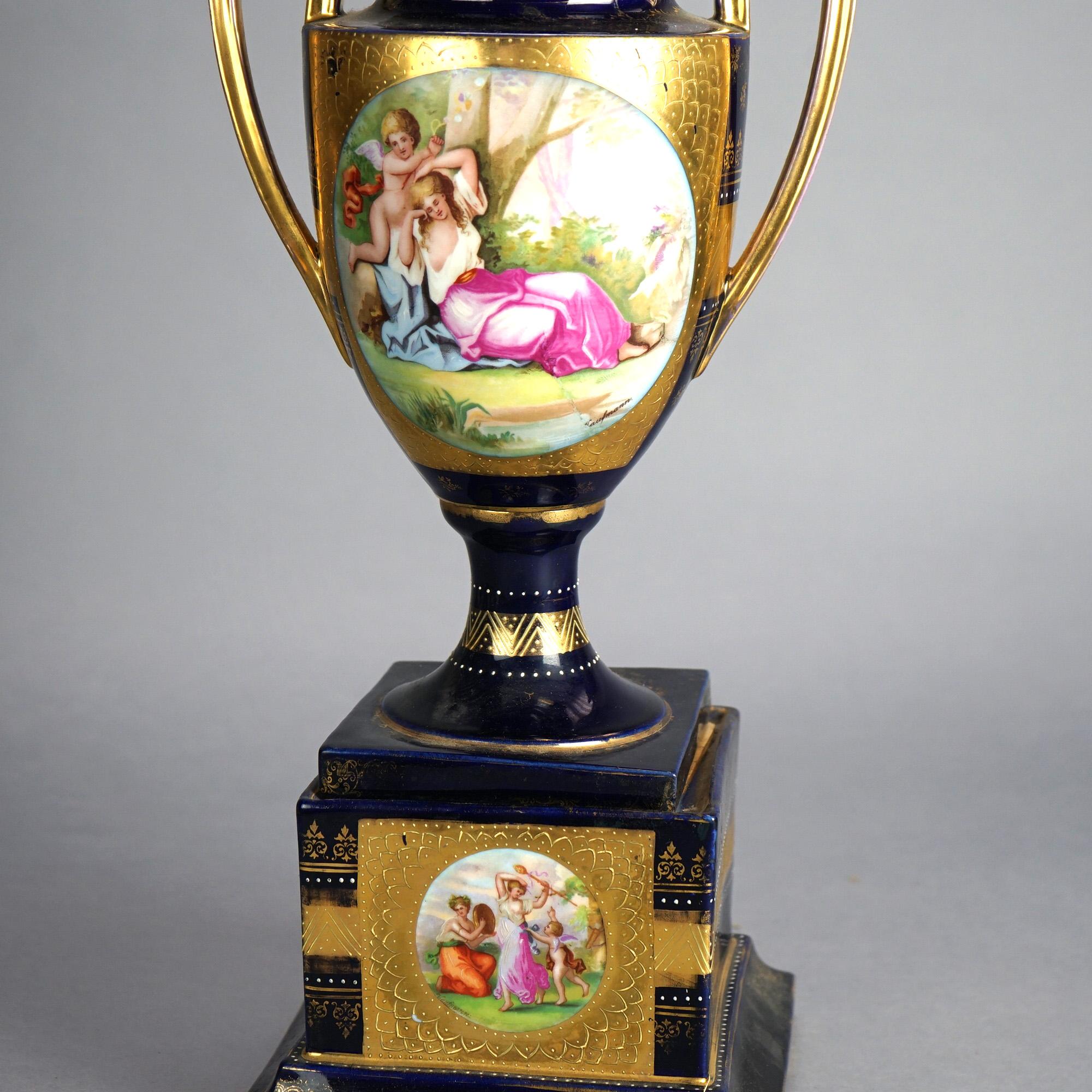 Antique Royal Vienna Cobalt & Gilt Porcelain Urn & Ped with Courting Scene C1890 For Sale 2