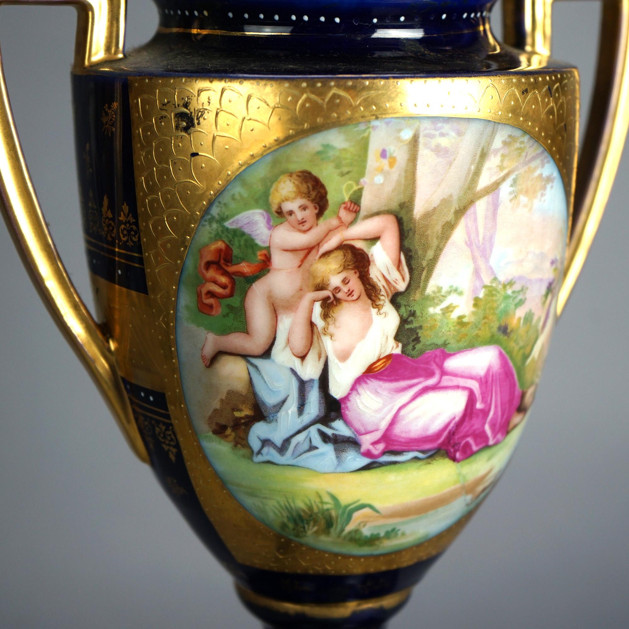 Antique Royal Vienna Cobalt & Gilt Porcelain Urn & Ped with Courting Scene C1890 For Sale 3