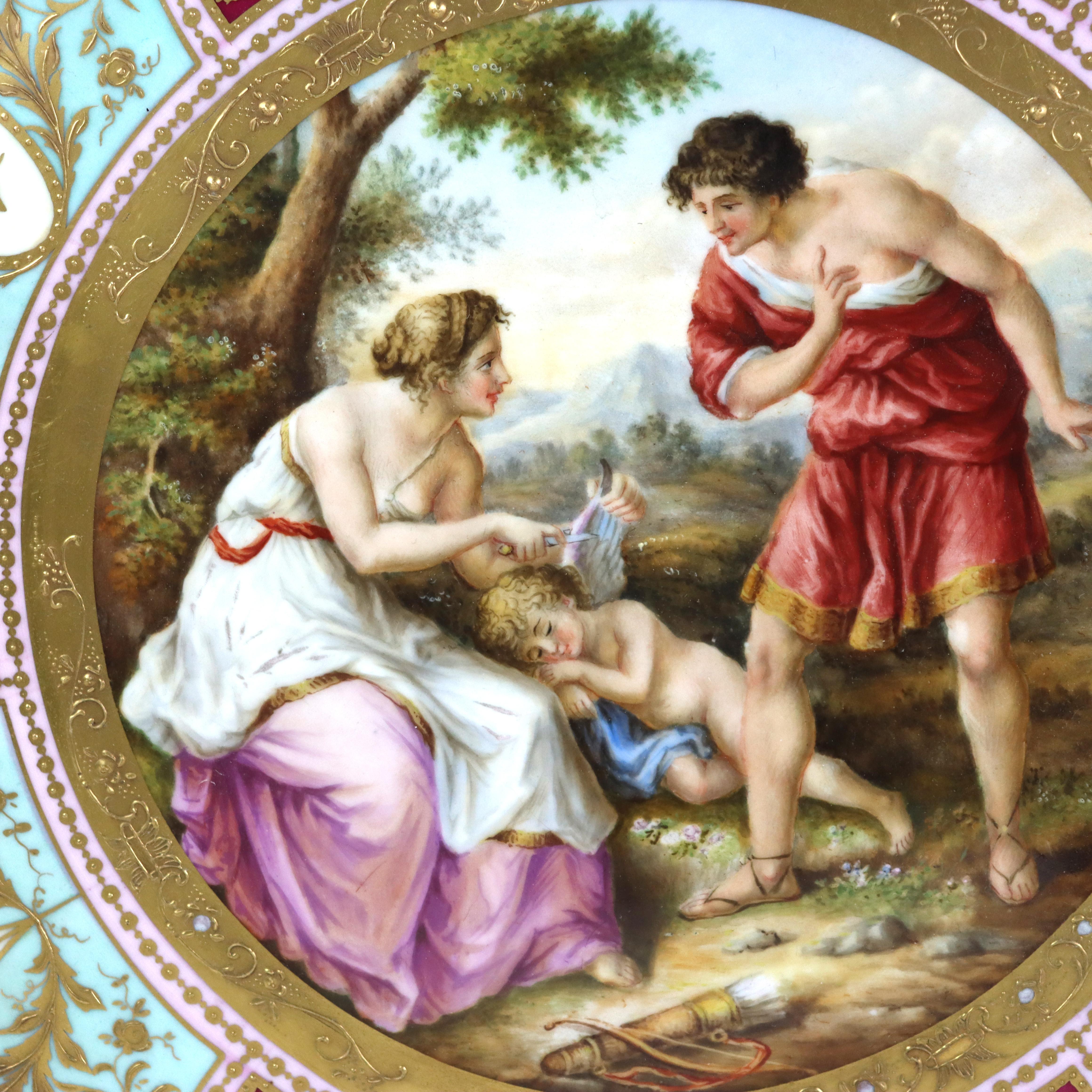 Antique Royal Vienna Cupido & Cephisa Porcelain Double Handled Charger C1890 In Good Condition For Sale In Big Flats, NY