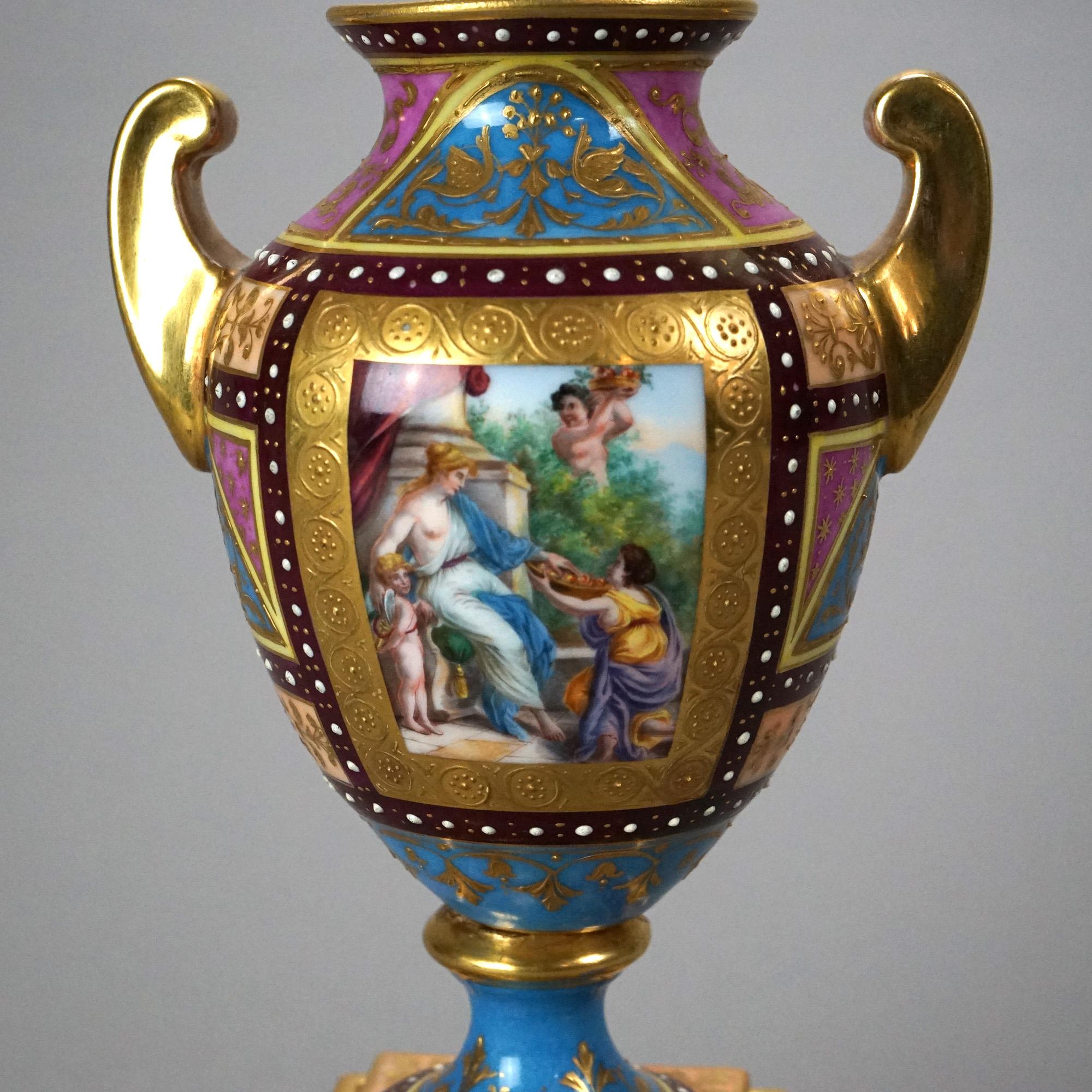 Antique Royal Vienna Hand Painted & Enamel Decorated Genre Scene Urns c1890 5