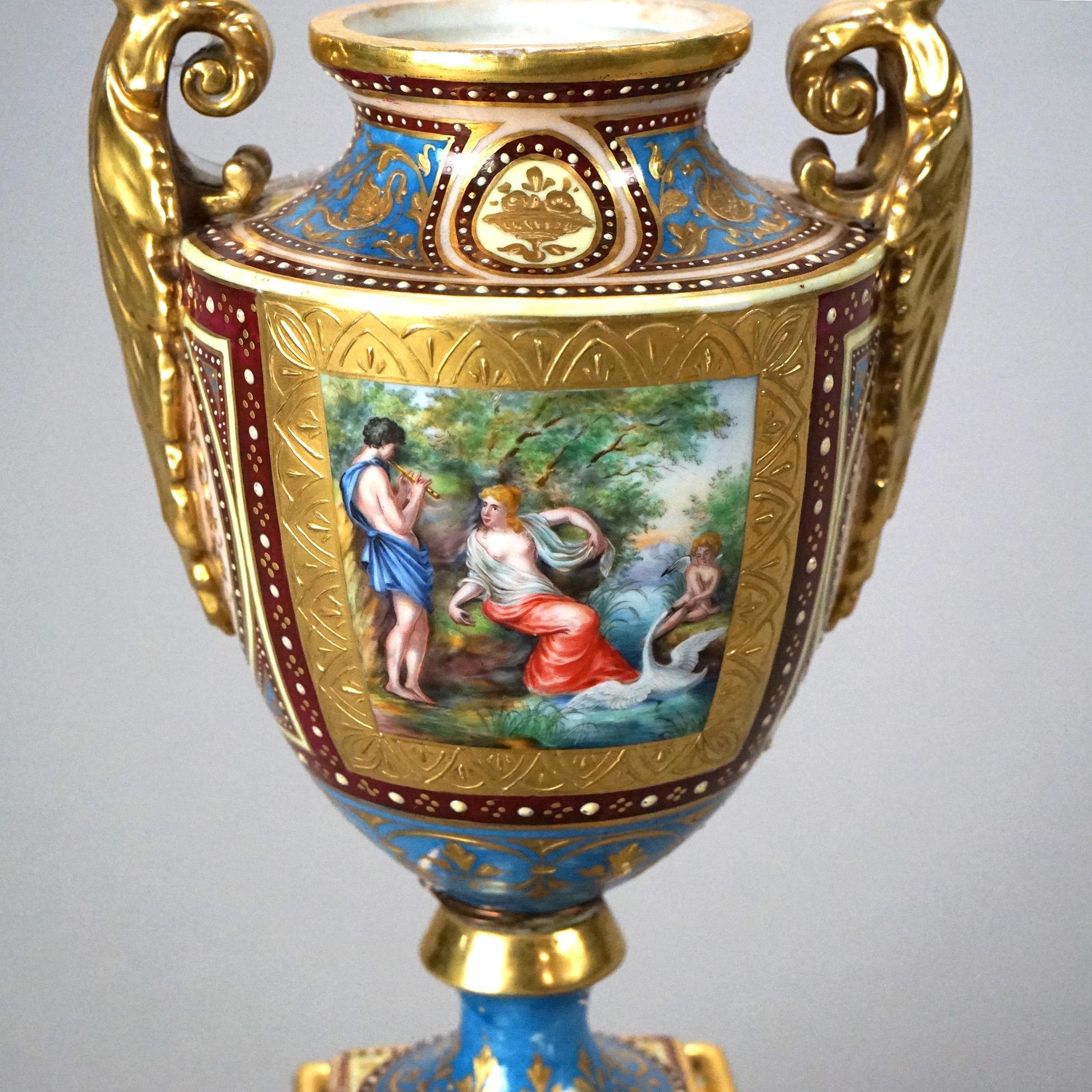 Antique Royal Vienna Hand Painted & Enamel Decorated Genre Scene Urns c1890 6