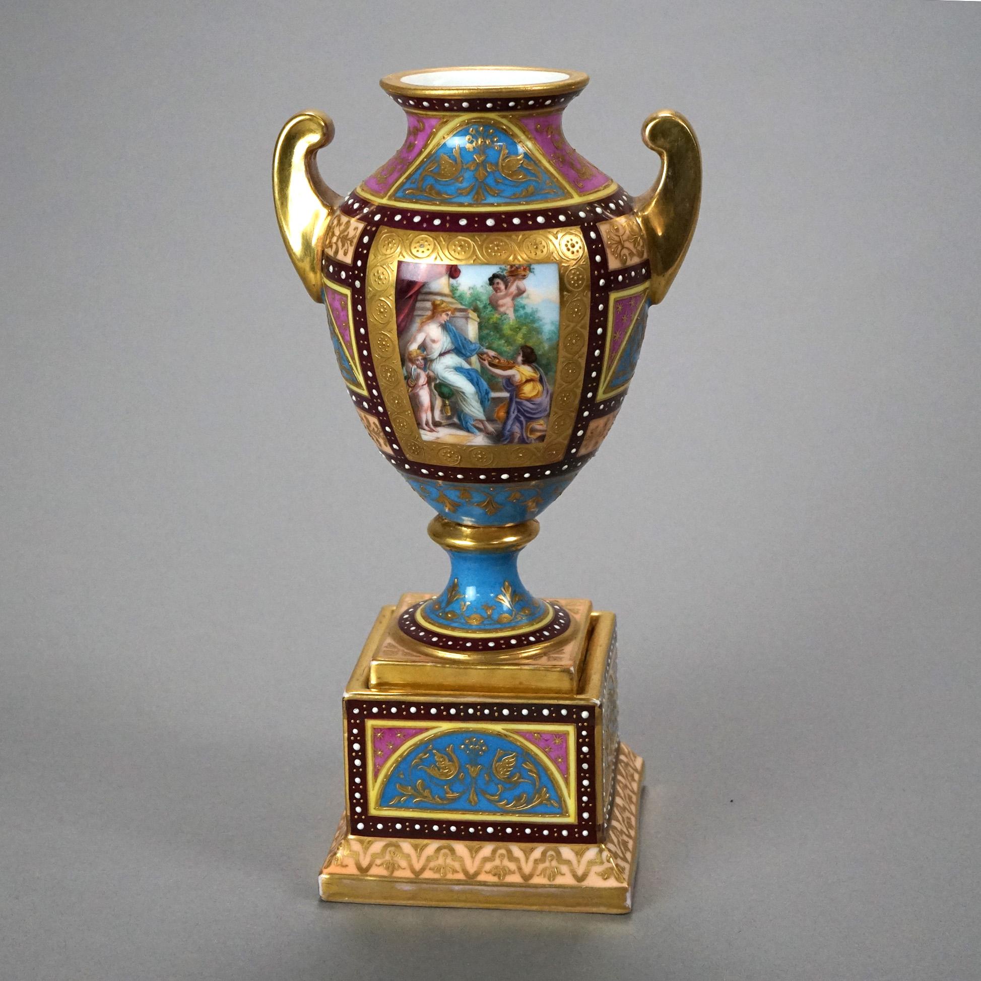 Austrian Antique Royal Vienna Hand Painted & Enamel Decorated Genre Scene Urns c1890