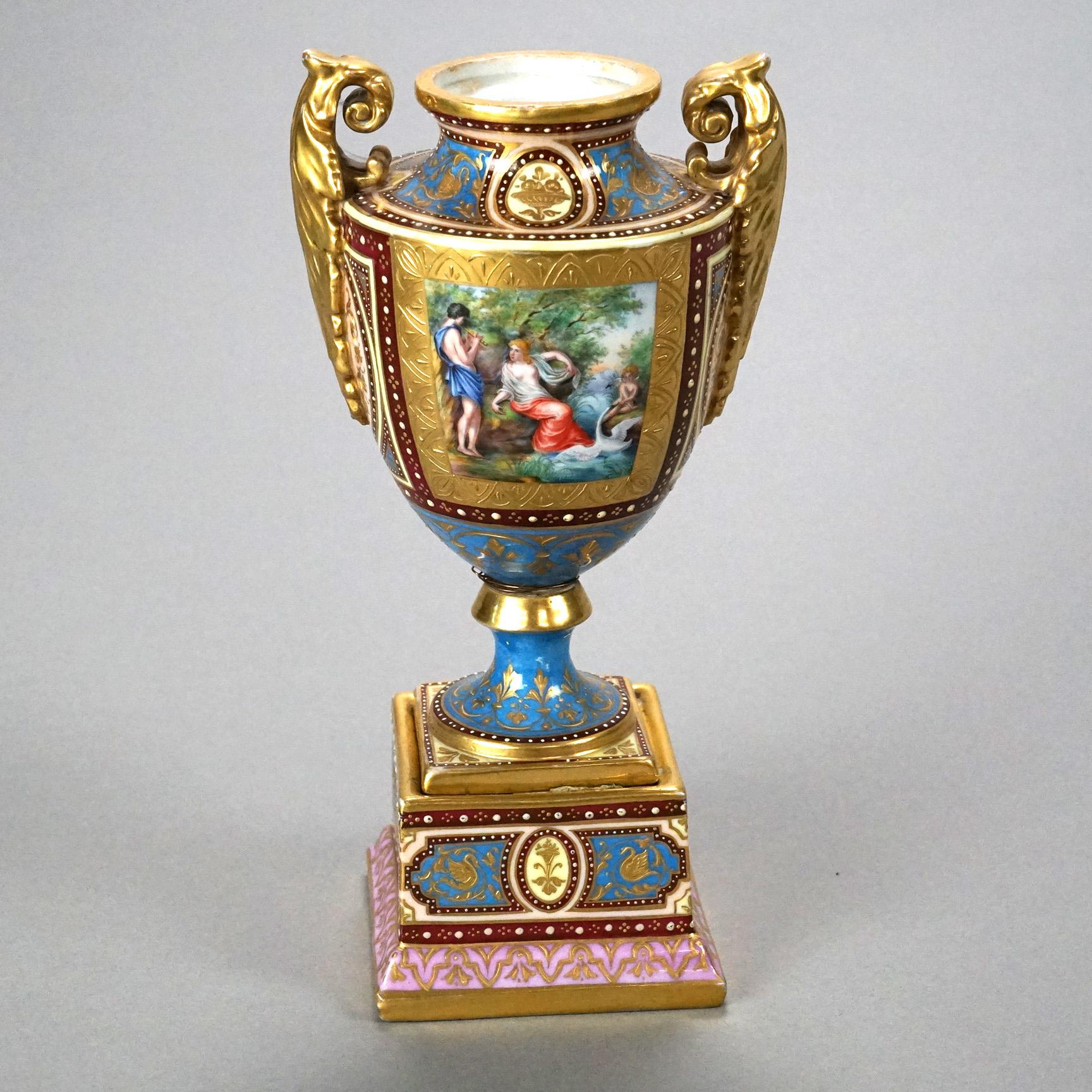 19th Century Antique Royal Vienna Hand Painted & Enamel Decorated Genre Scene Urns c1890