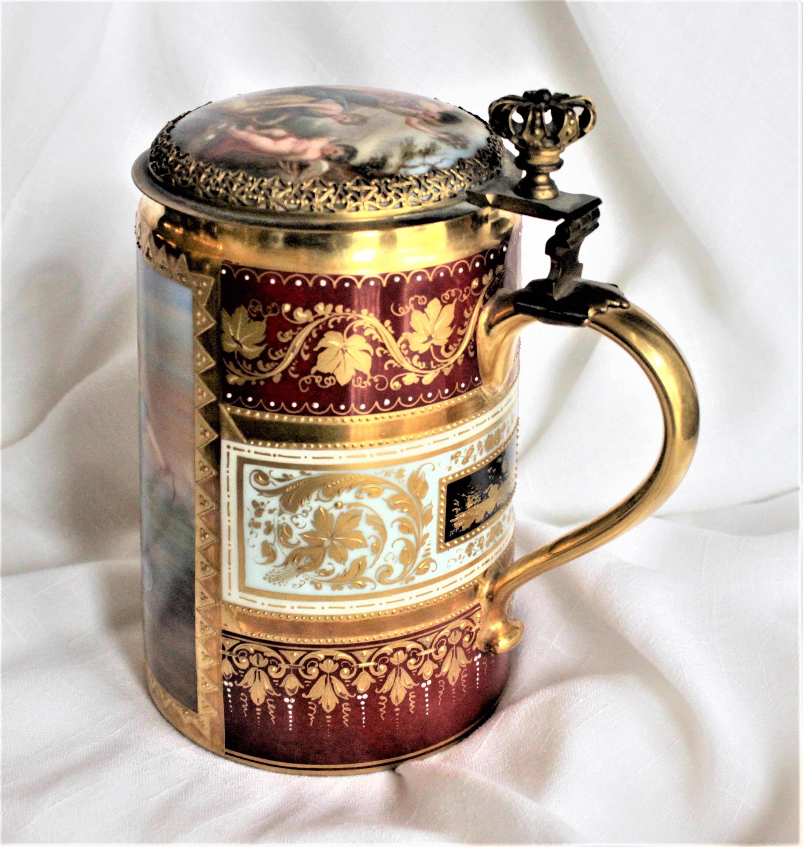Austrian Antique Royal Vienna Styled Hand Painted Tankard or Stein with Bronze Mounts