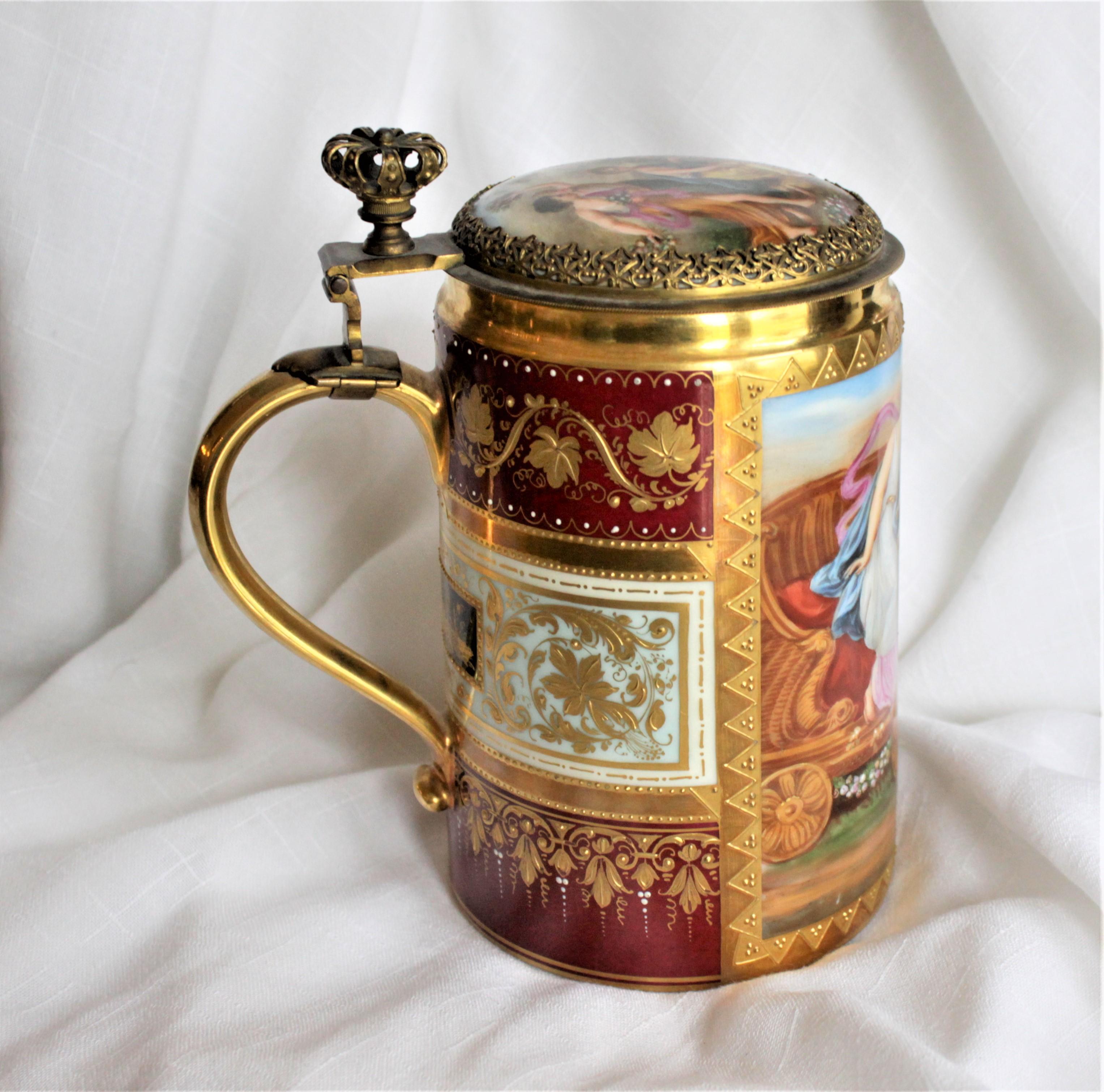 19th Century Antique Royal Vienna Styled Hand Painted Tankard or Stein with Bronze Mounts