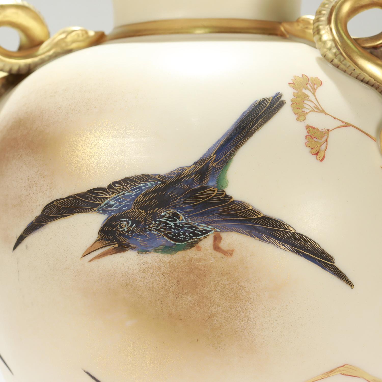 Antico vaso con gufo in porcellana dorata del periodo estetico di Royal Worcester con manico a serpente in vendita 1