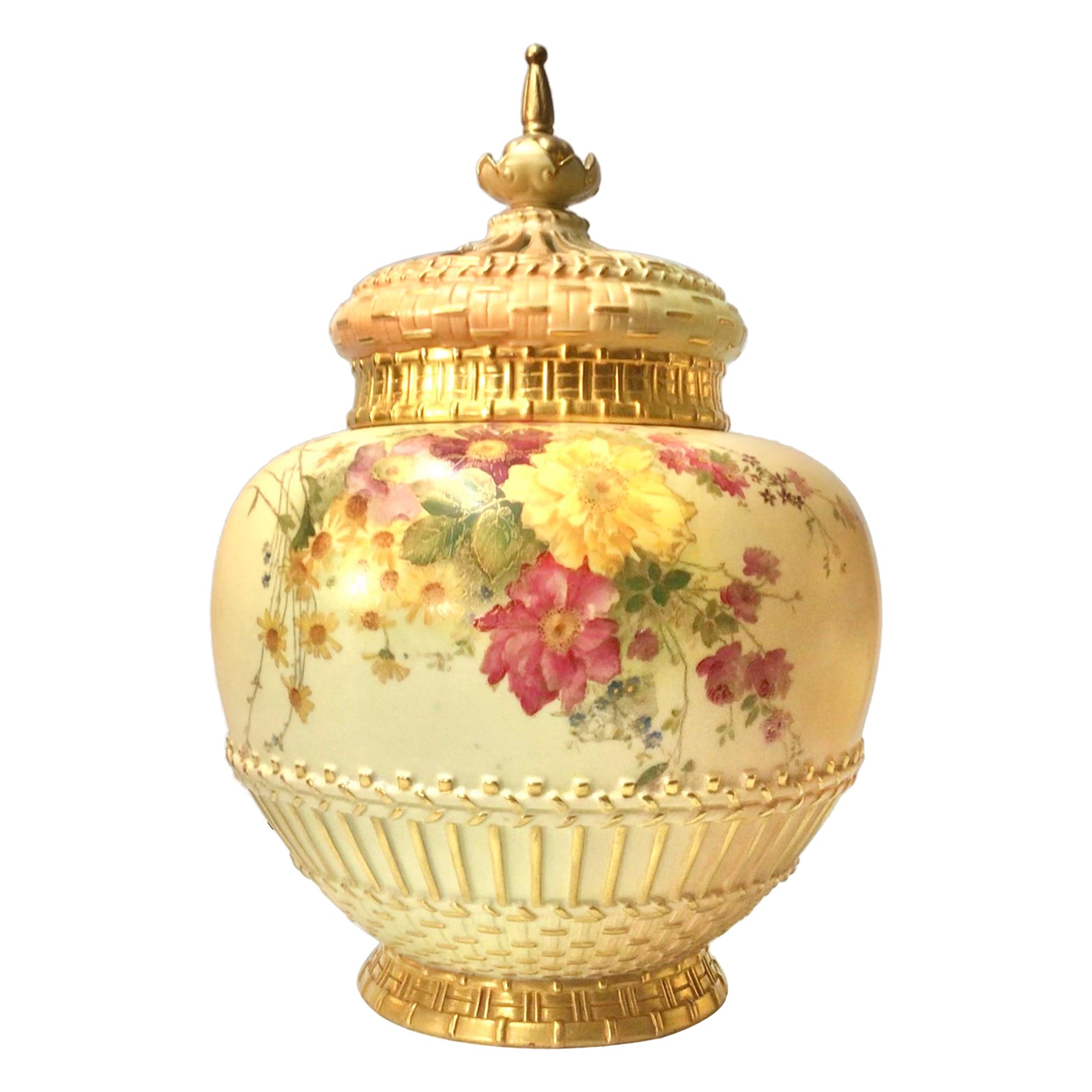 Antique Royal Worcester Blush Ivory Pot Pourri Rose Jar and Crown Cover For Sale