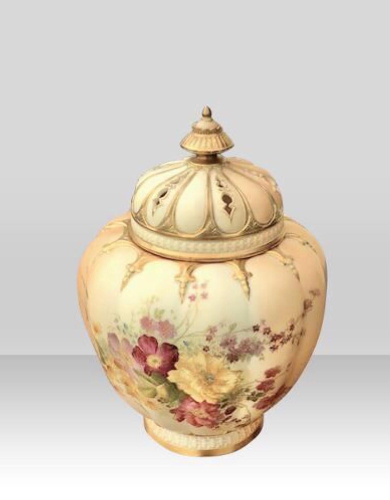 European Antique Royal Worcester Blush Ivory Pot Pourri Vase For Sale