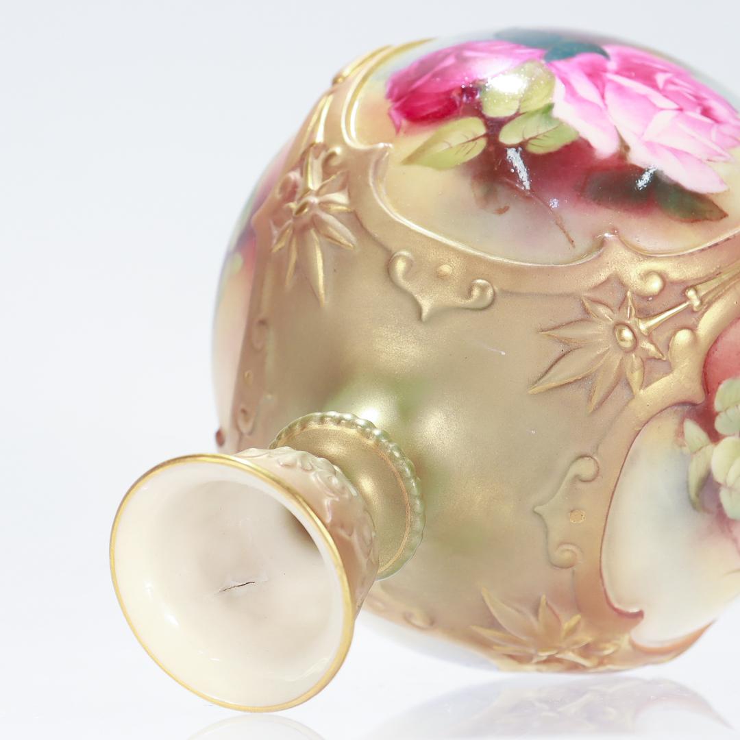 Antique Royal Worcester Blush Porcelain Hadley Design Bud Vase with Roses F126/H For Sale 5
