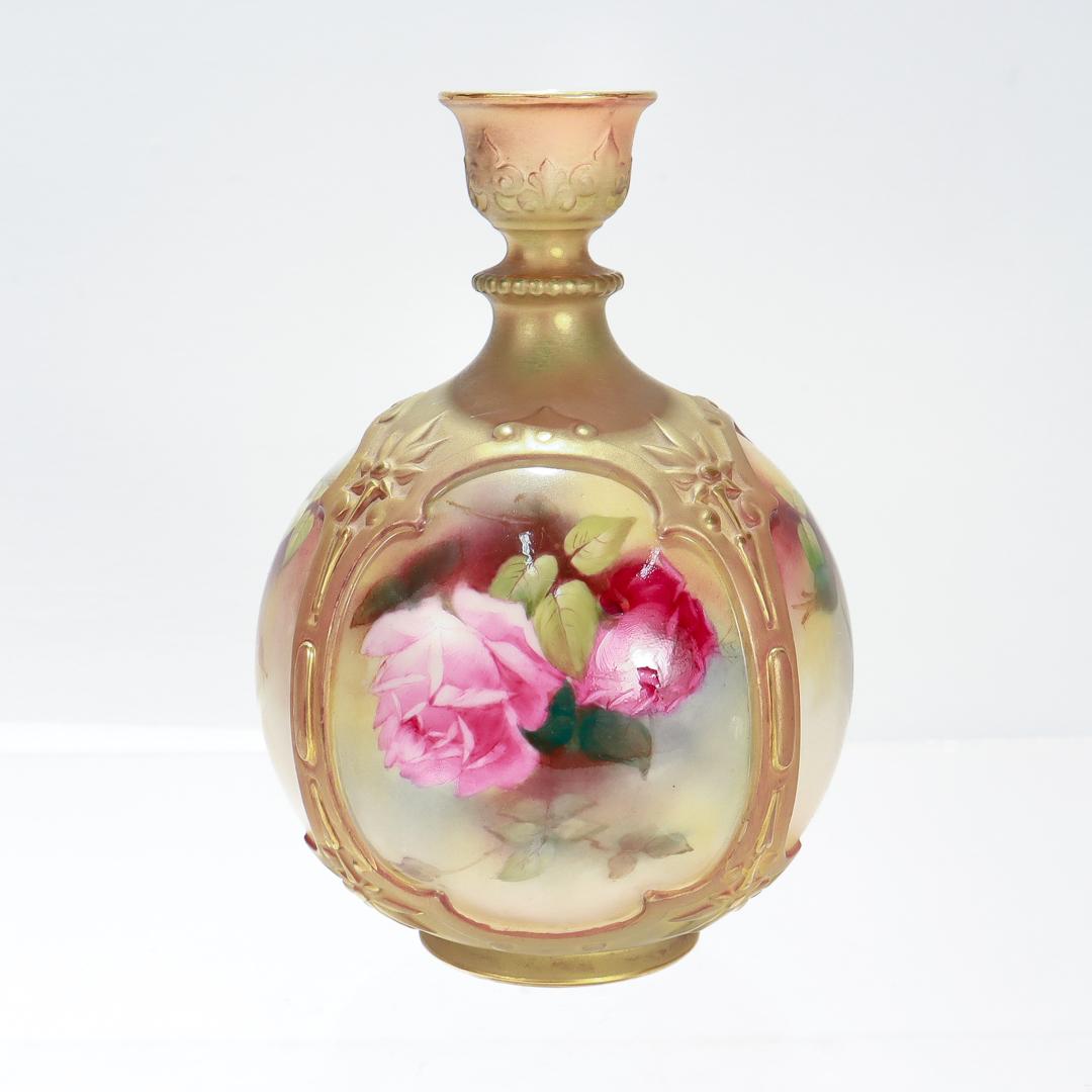 Aesthetic Movement Antique Royal Worcester Blush Porcelain Hadley Design Bud Vase with Roses F126/H For Sale