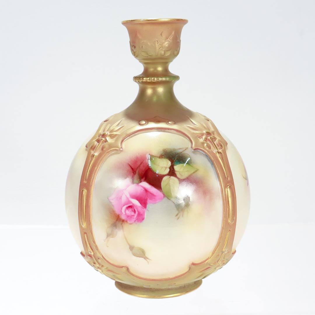 Antique Royal Worcester Blush Porcelain Hadley Design Bud Vase with Roses F126/H In Good Condition For Sale In Philadelphia, PA