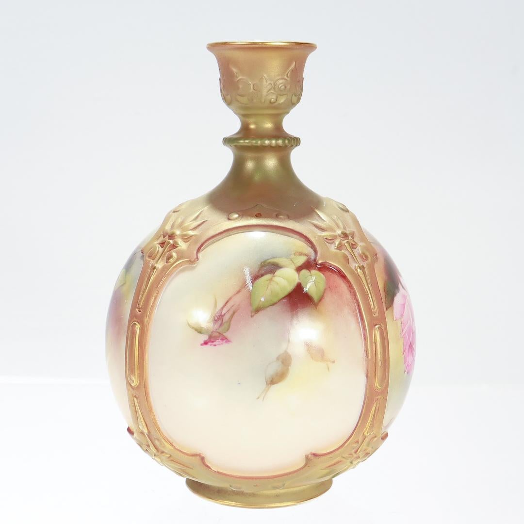 20th Century Antique Royal Worcester Blush Porcelain Hadley Design Bud Vase with Roses F126/H For Sale