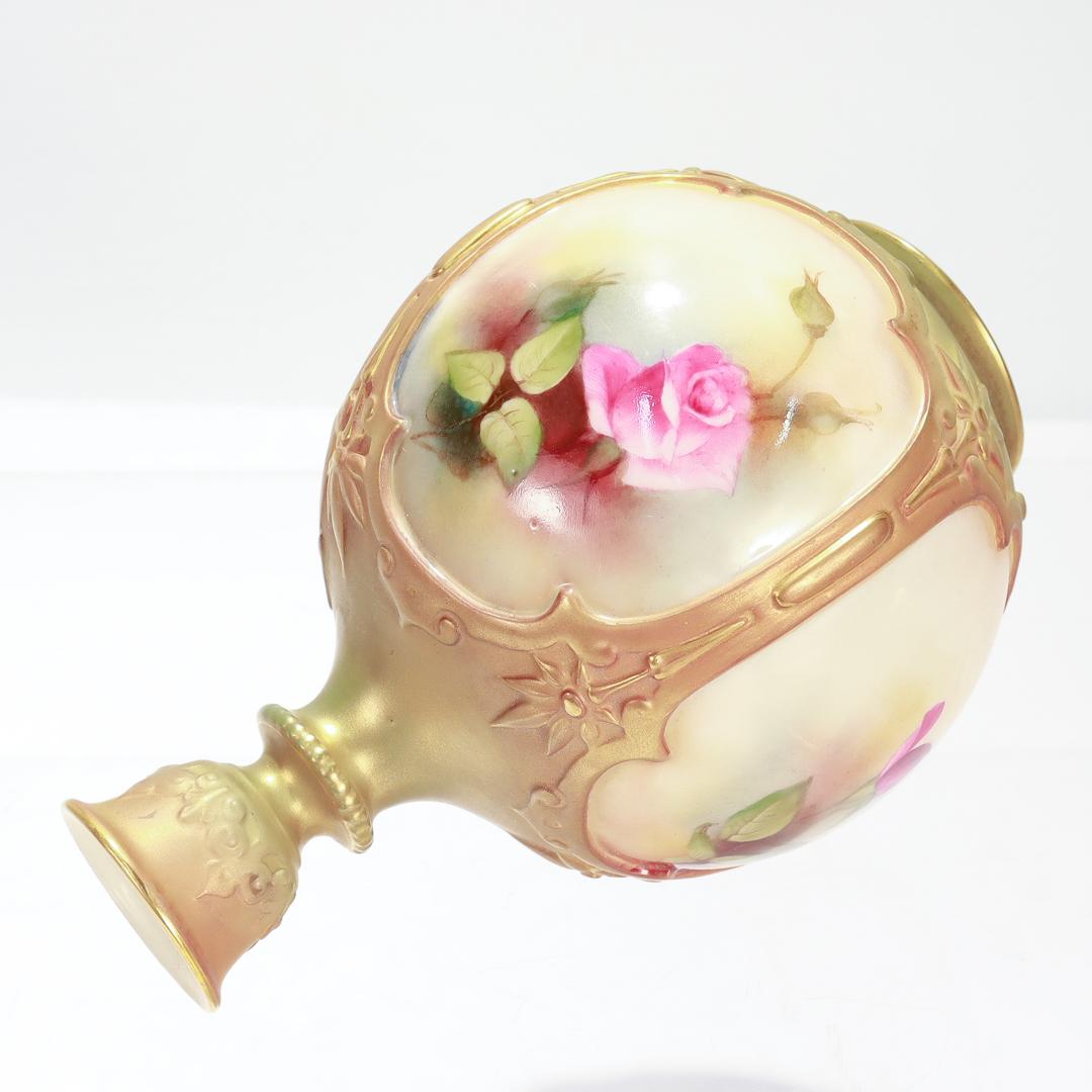 Antique Royal Worcester Blush Porcelain Hadley Design Bud Vase with Roses F126/H For Sale 3