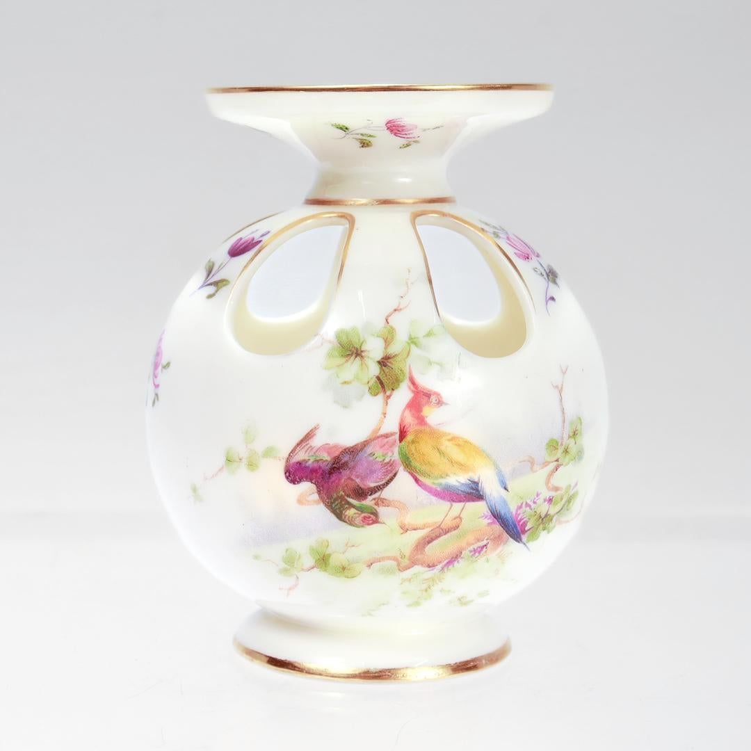 A fine antique English porcelain pomander.

By Royal Worcester. 

Decorated with a male and female pheasant pair to each side of the pomander and painted floral devices throughout along with gilt highlights to the edges

Marked to the base with