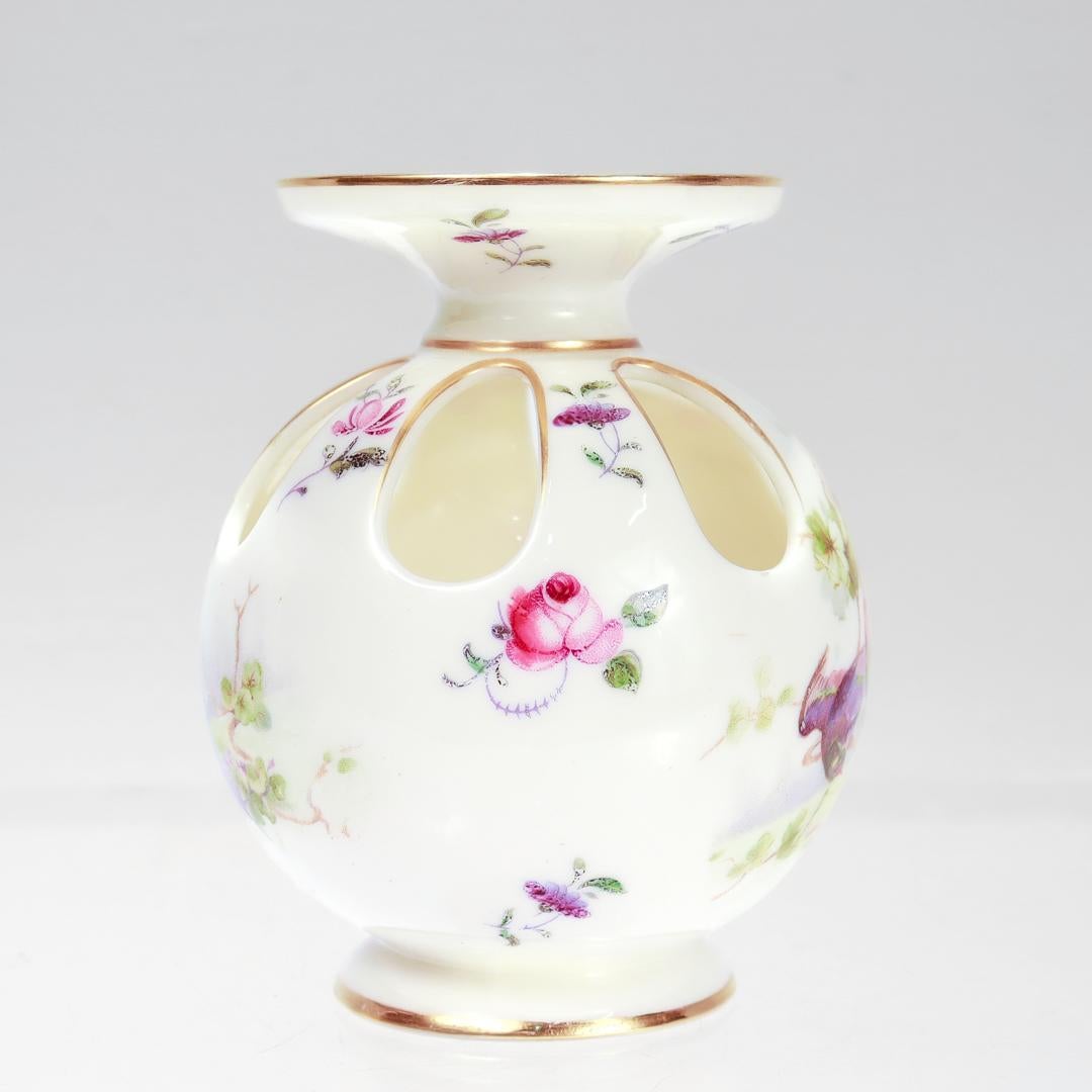 English Antique Royal Worcester Gilt Blush Ivory Porcelain Pomander Vase w/ Painted Phea For Sale