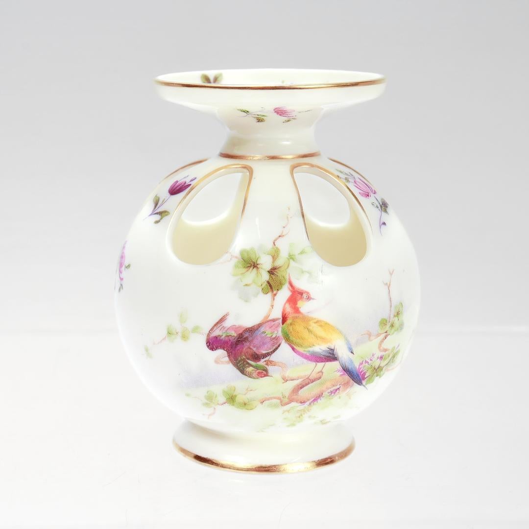 Antique Royal Worcester Gilt Blush Ivory Porcelain Pomander Vase with Pheasants In Good Condition For Sale In Philadelphia, PA