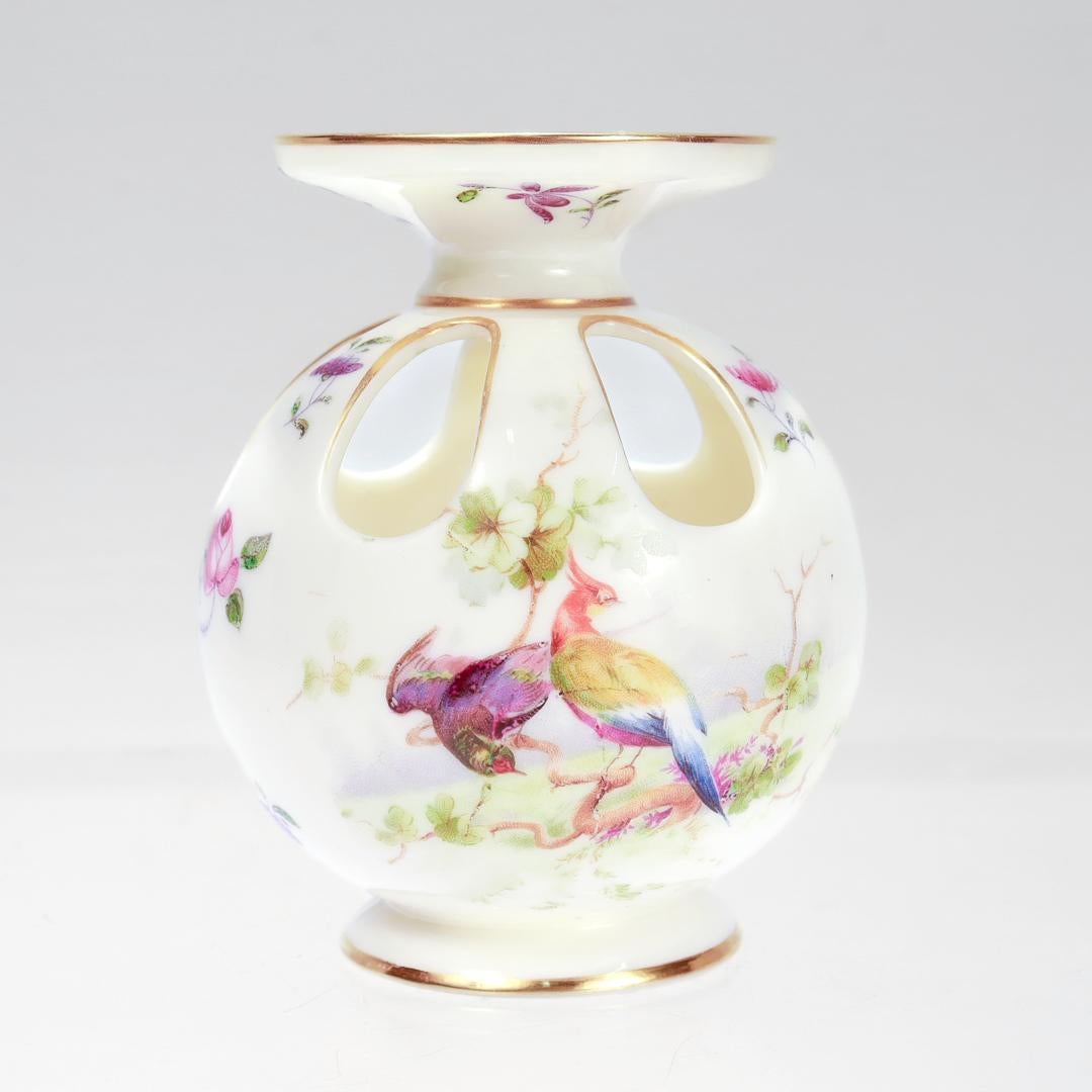 20th Century Antique Royal Worcester Gilt Blush Ivory Porcelain Pomander Vase with Pheasants For Sale