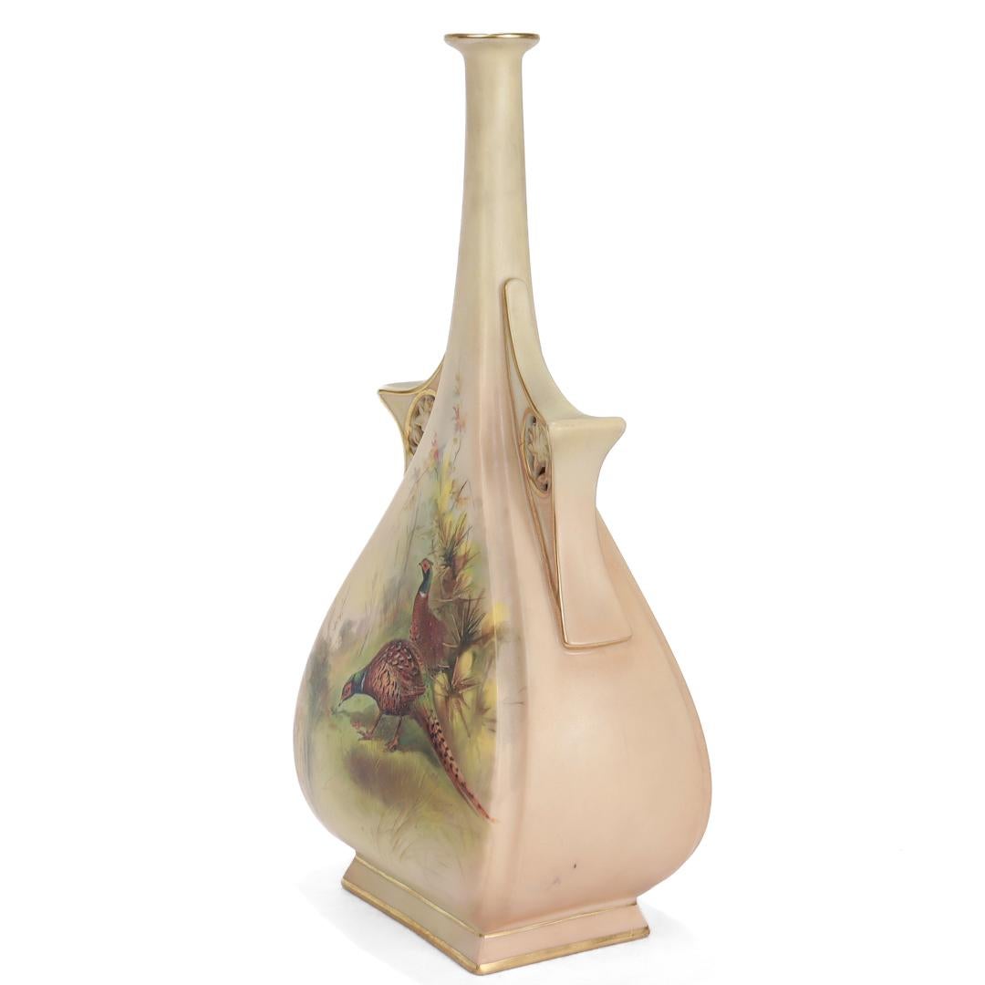 Art Nouveau Antique Royal Worcester Gilt Blush Porcelain Vase with Hand Painted Pheasants For Sale